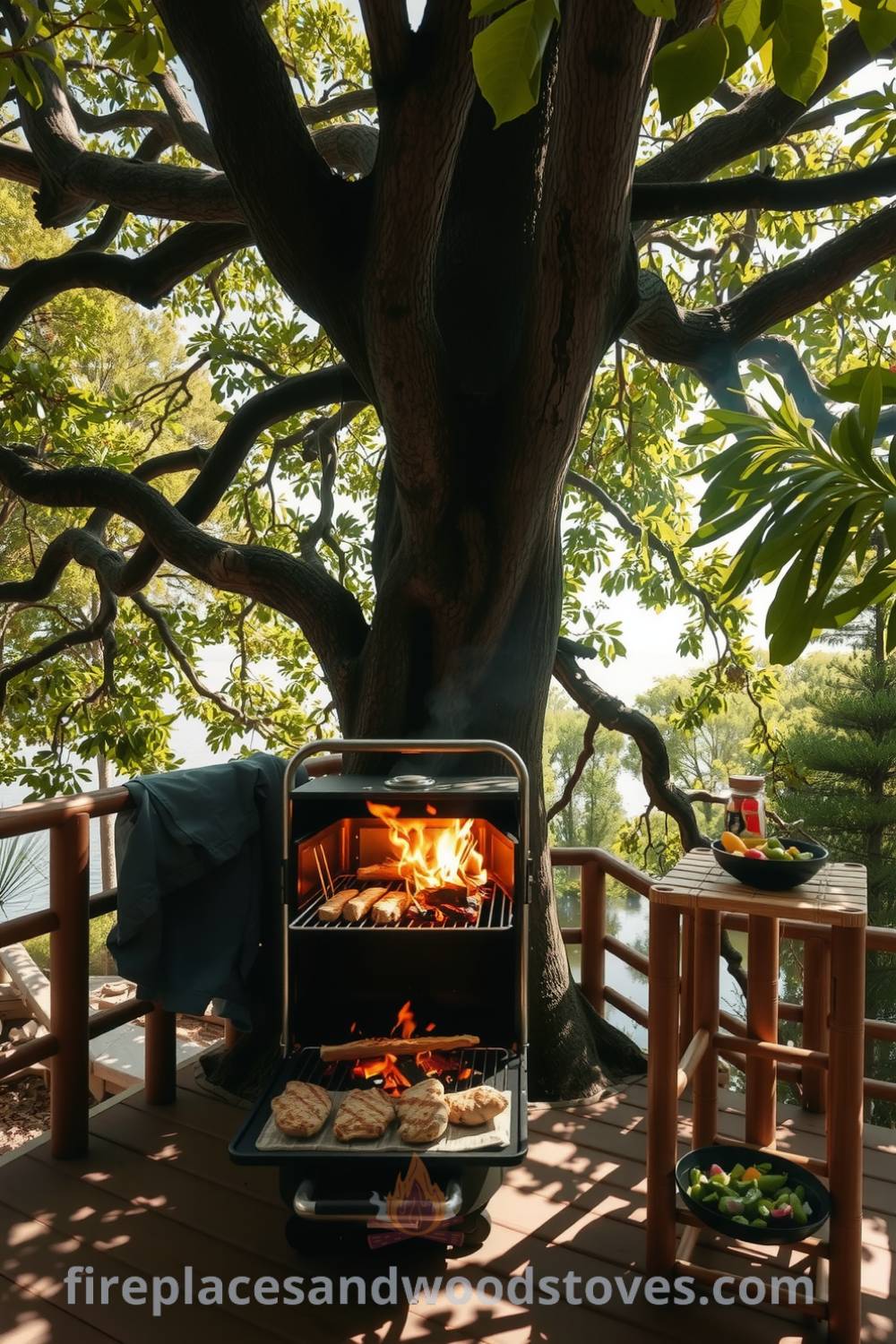 A cozy outdoor barbecue grill set on a wooden deck under a large tree, with flames cooking seasoned meat, colorful bowls of vegetables nearby, and sunlight filtering through the leaves, creating a warm and inviting atmosphere perfect for summer gatherings. Visit fireplacesandwoodstoves.com for more cozy ideas.