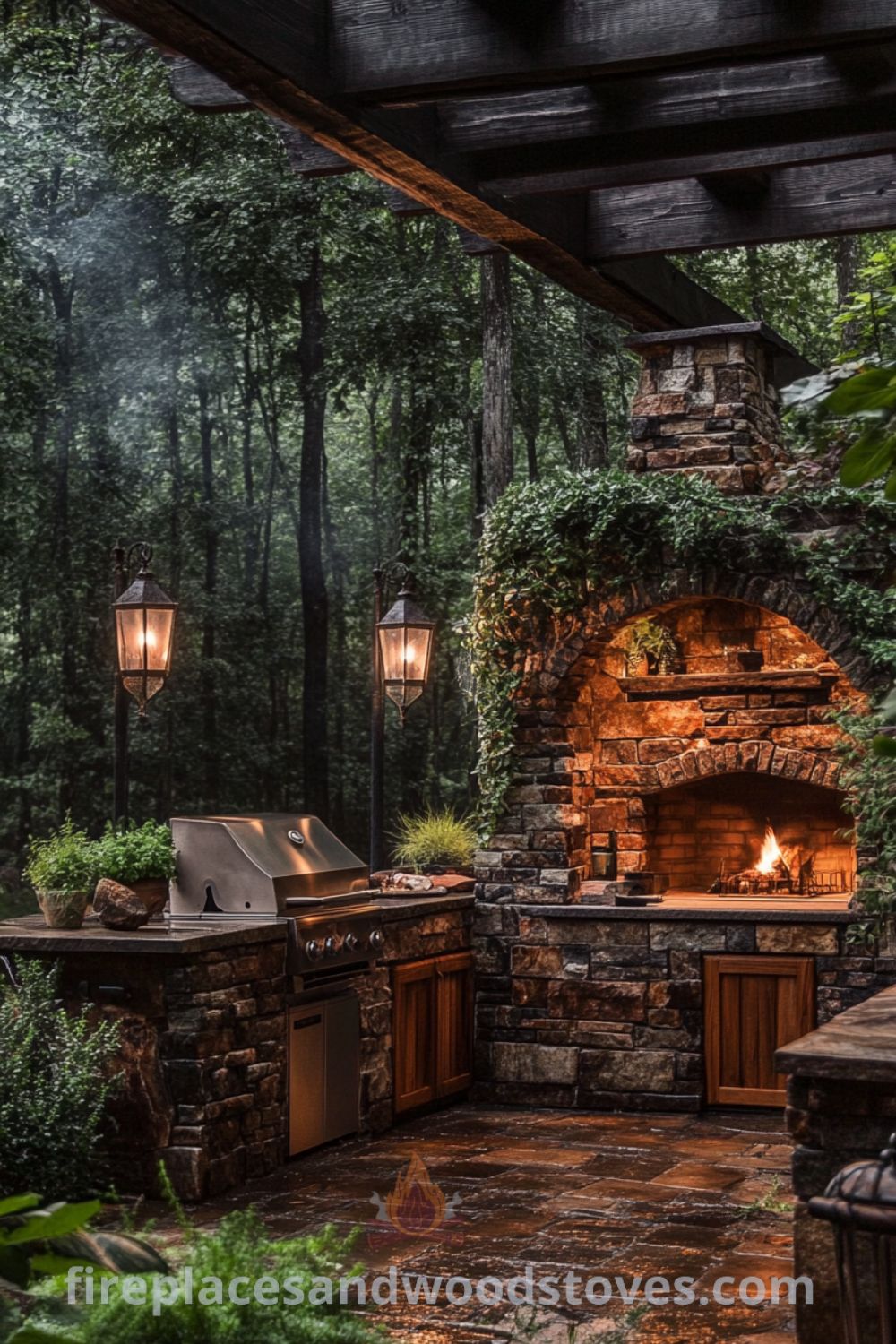 BBQ area featuring a rustic kitchen design on fireplacesandwoodstoves.com, including an outdoor grill station, cozy ideas for outdoor dining, and inspiring patio decor.