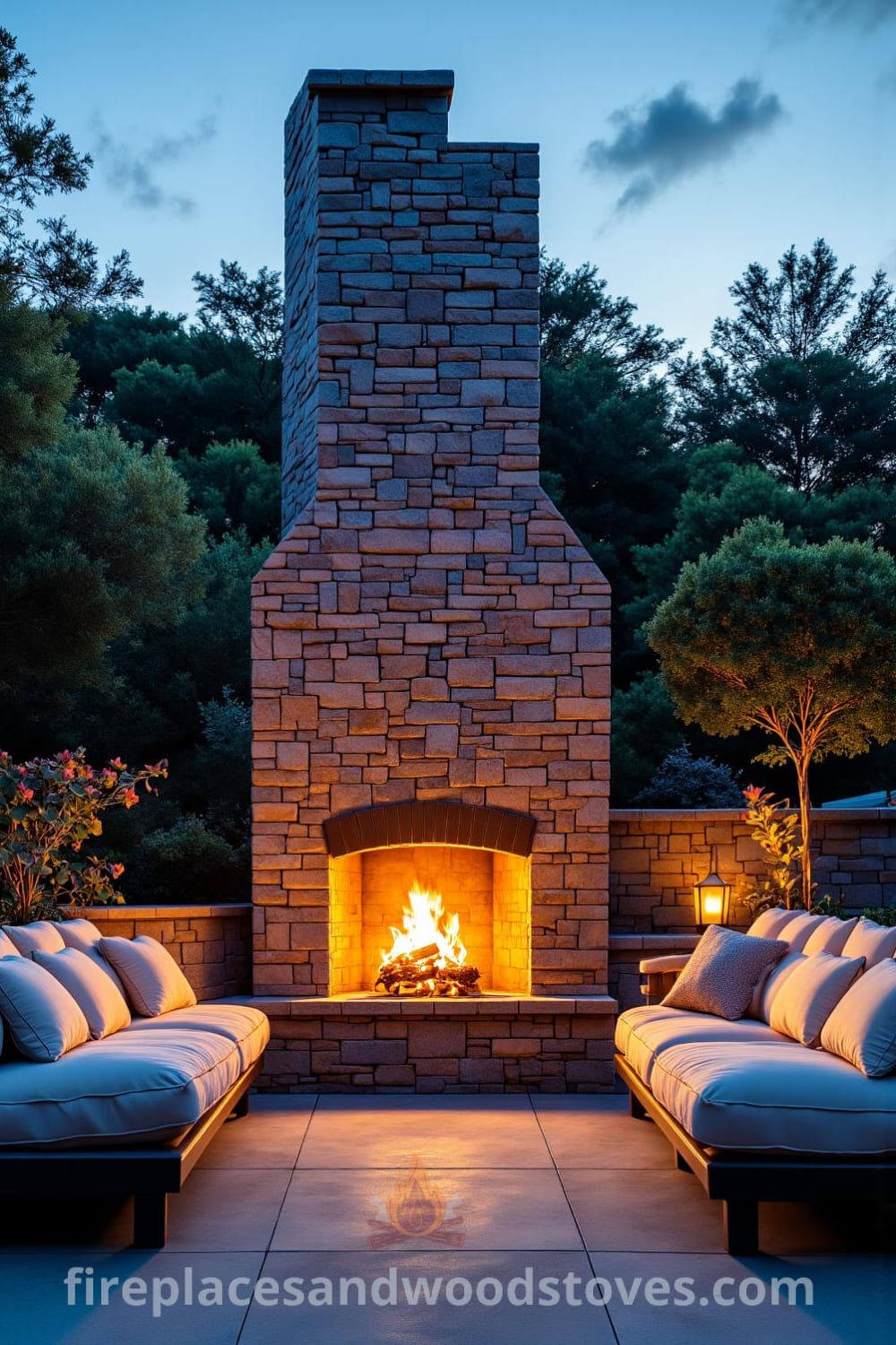 Sunken patio featuring a beautifully weathered stone fireplace, surrounded by cozy seating with cushions, illuminated by the warm glow of the fire, creating an inviting atmosphere for gathering; perfect for comfort and design inspiration at fireplacesandwoodstoves.com.