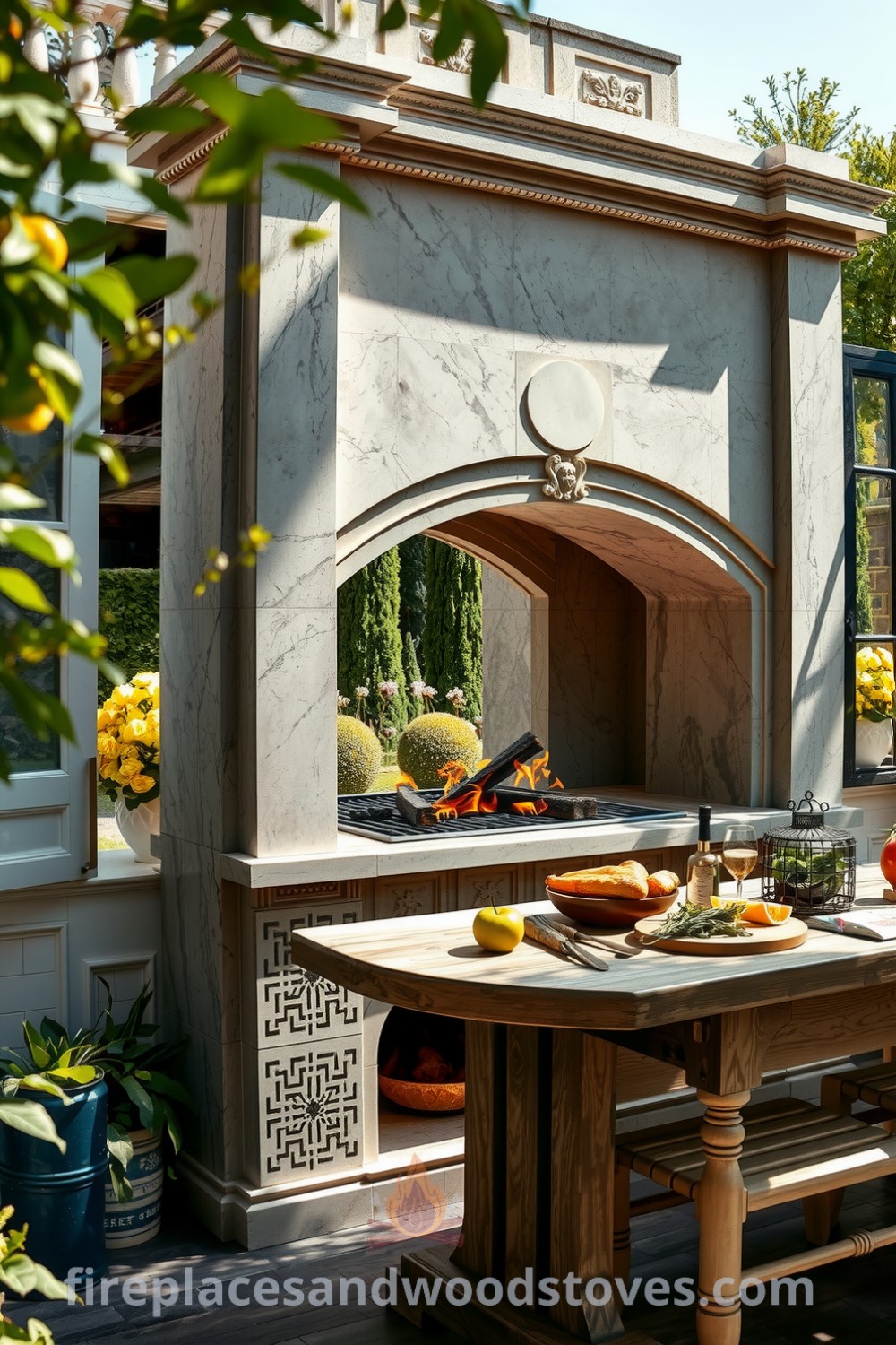 Neoclassical marble outdoor barbecue in a sun-drenched garden with tall columns, flickering flames, a rustic wooden table filled with fresh produce and grilling tools, surrounded by lush greenery and sunlight, offering cozy ideas and decor inspirations for your outdoor space. Visit fireplacesandwoodstoves.com for unique ideas.