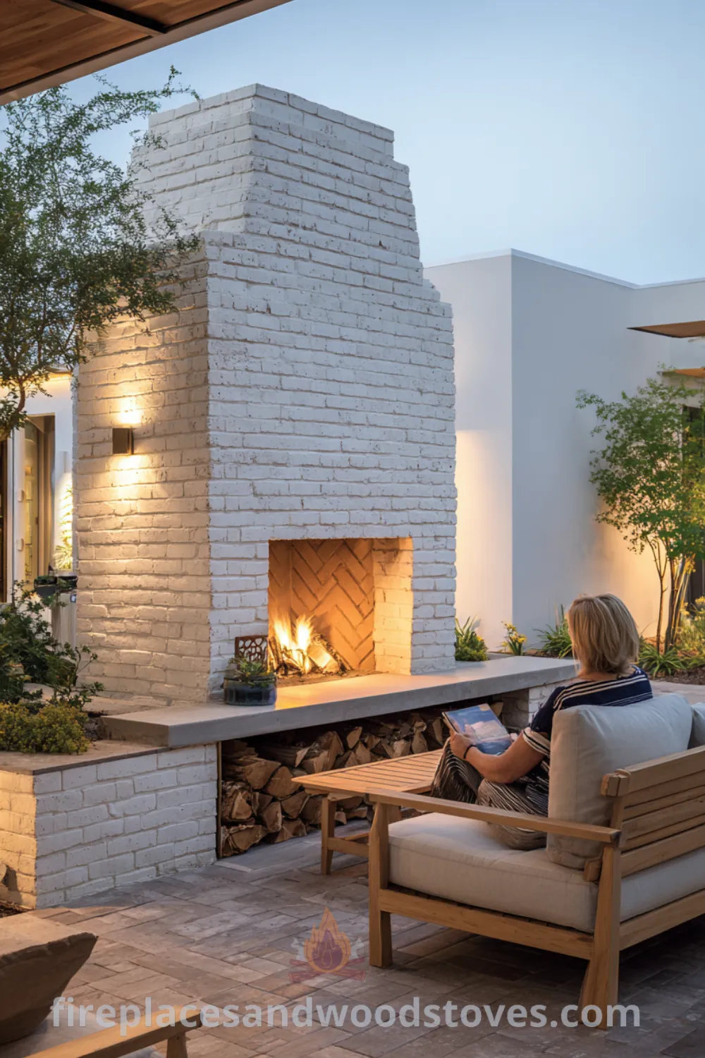 Outdoor living area with an exposed brick fireplace, teak furniture, and lush greenery featuring mid century modern corner fireplace, functional MCM outdoor fire, and vintage inspired outdoor fireplace.