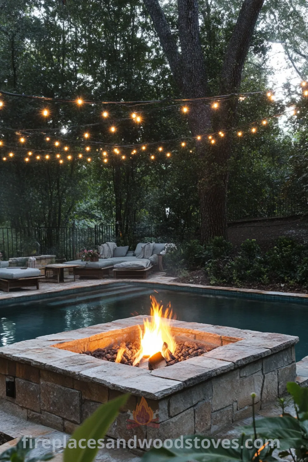 Backyard pool area with inground pool and cozy fire pit area on fireplacesandwoodstoves.com, featuring pool landscaping ideas, a sunny pool entertainment area, and inviting designs for a cozy home.
