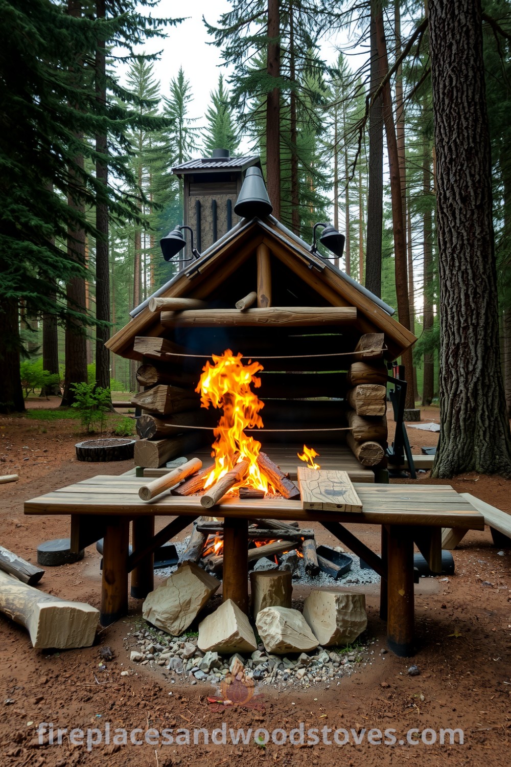 Log-built barbecue pit in a forest clearing surrounded by towering trees, with flickering flames, scattered charred logs, and a rustic picnic table, creating a cozy atmosphere perfect for outdoor gatherings, showcasing unique ideas for decor and inspiration for your home, as seen on fireplacesandwoodstoves.com.