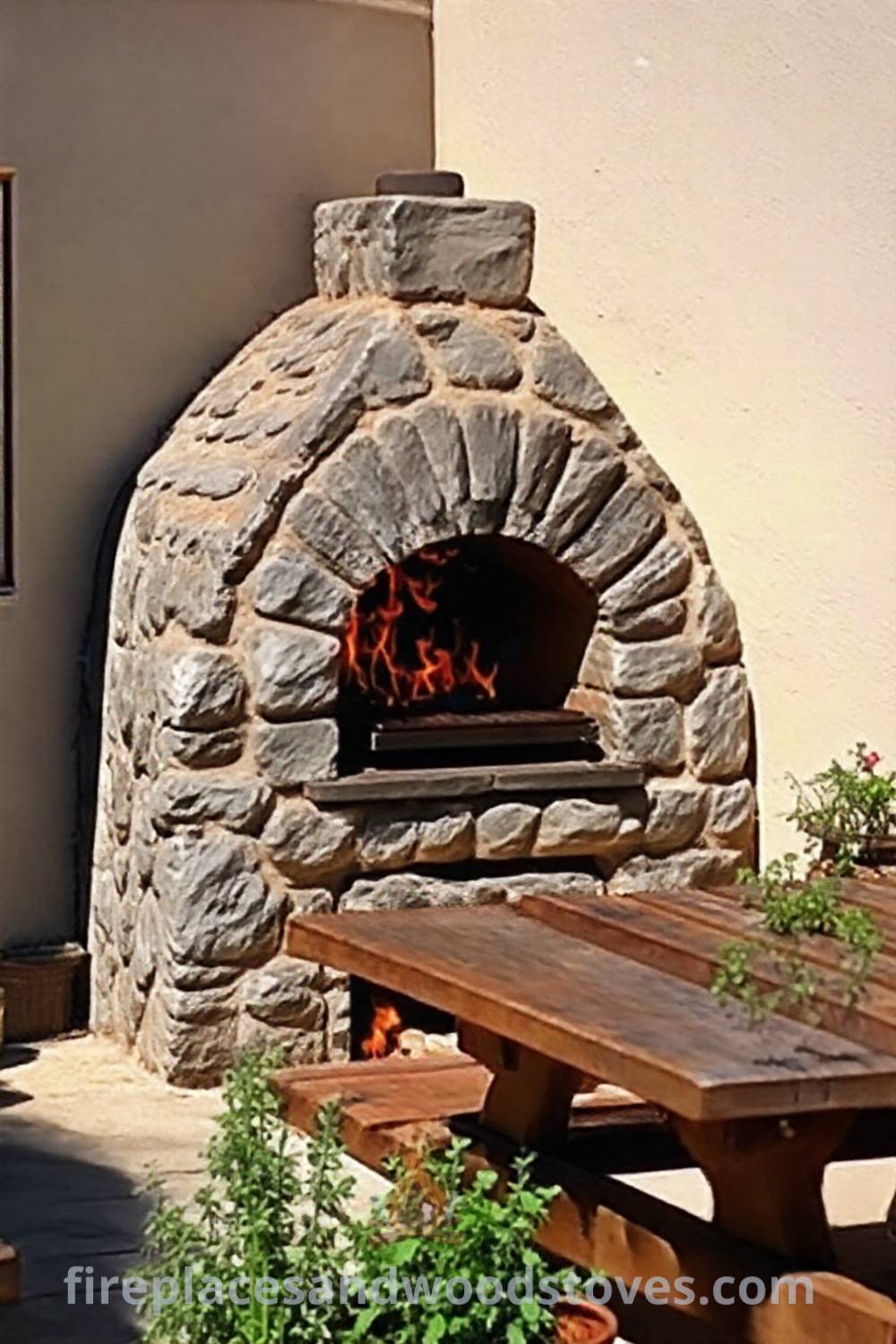 Stone BBQ oven in a sun-drenched backyard, surrounded by fresh ingredients, herbs in pots, and warm flickering flames, creating a cozy atmosphere perfect for gatherings. Visit patioandhomefurniture.com for stylish outdoor design ideas that will wow your guests.