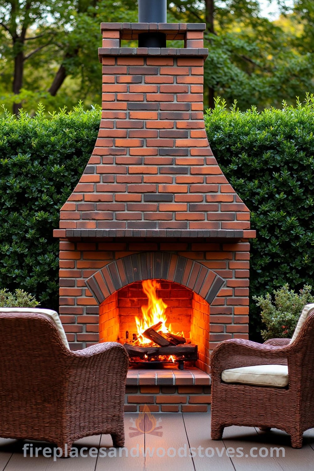 Tudor brick outdoor fireplace surrounded by lush greenery and wicker chairs, creating a cozy atmosphere for gatherings, with warm glowing flames illuminating the space, inspiring decor ideas for a cozy home, featured at fireplacesandwoodstoves.com.