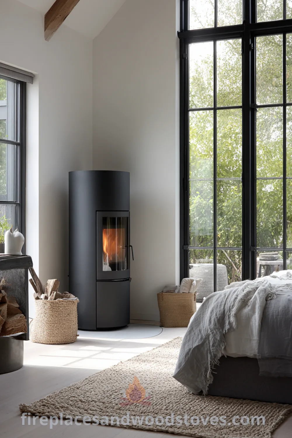 Bright room with a cylindrical wood-burning stove, light wood flooring, textured rugs, and an industrial Scandinavian fireplace.