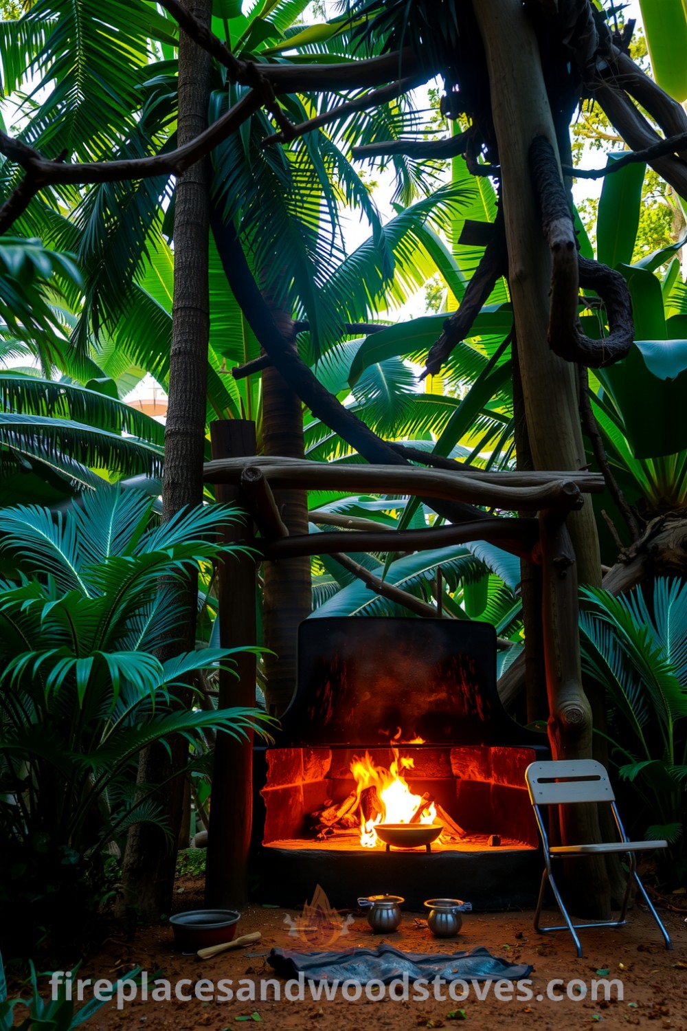 Rustic outdoor barbecue surrounded by lush jungle greenery, featuring a wooden structure with soot marks, crackling flames, tropical plants, and inviting mismatched chairs, creating a cozy and inviting atmosphere. Visit fireplacesandwoodstoves.com for more cozy ideas and inspirations for your home.