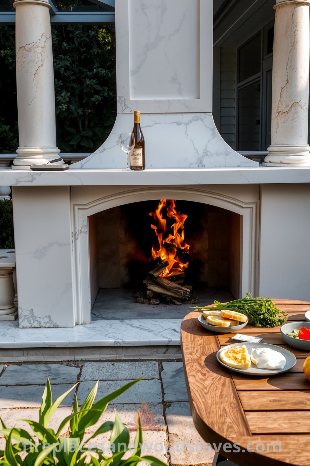 Neoclassical marble outdoor barbecue with grand columns and wood-fueled flames, surrounded by a lush garden and a wooden table of fresh ingredients, creating an inviting atmosphere for gatherings, showcasing unique ideas for your home from fireplacesandwoodstoves.com.
