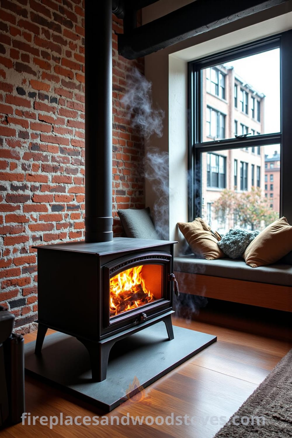 Industrial metal pipe woodstove fireplace in a stylish urban loft with warm flickering flames, worn wooden flooring, and cozy pillows scattered nearby, capturing cozy home decor ideas and design inspirations for your home at fireplacesandwoodstoves.com.