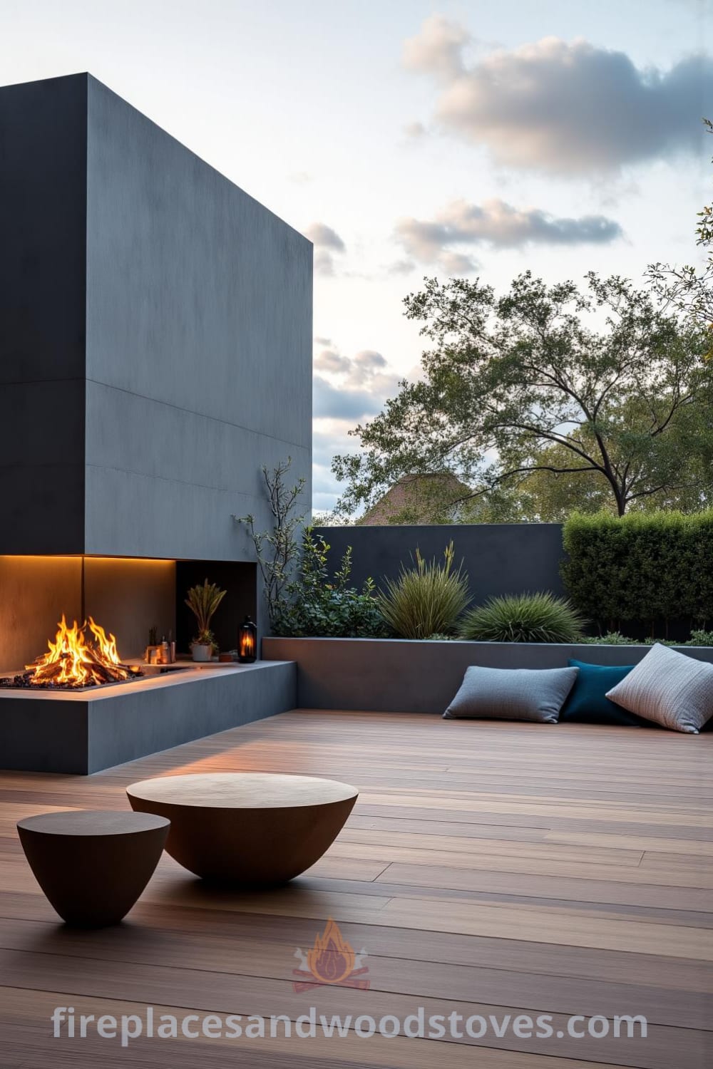 Modern concrete outdoor fireplace with warm flames illuminating a sleek patio, inviting cushions and low table, creating a cozy gathering space under the open sky, offering inspiring decor ideas for your home at fireplacesandwoodstoves.com.