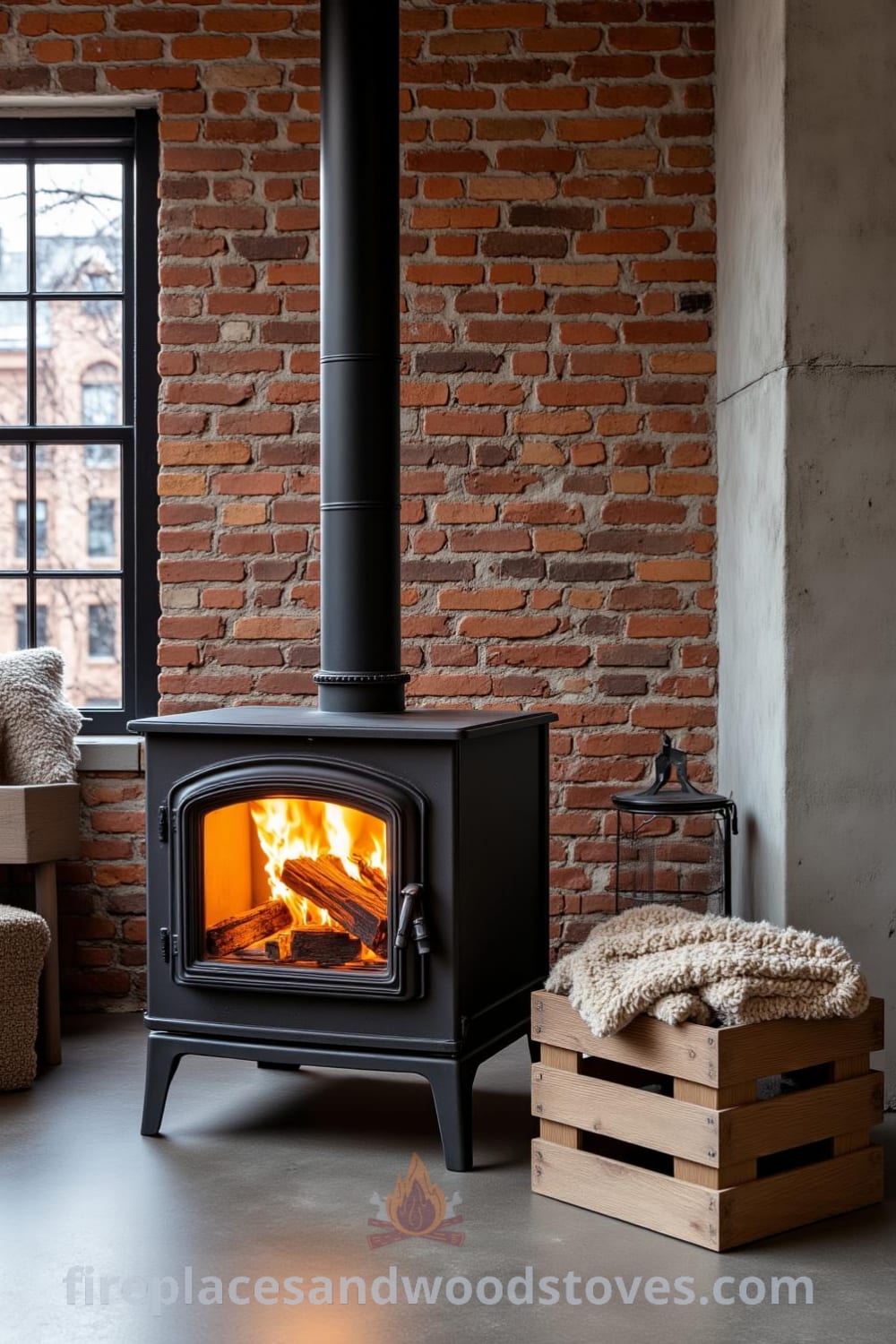 Industrial metal pipe woodstove fireplace in a cozy urban loft, surrounded by weathered wooden crates and plush throws, illuminating exposed brick walls and polished concrete floors, showcasing unique decor ideas for a cozy home atmosphere. Visit fireplacesandwoodstoves.com for more decor inspirations.