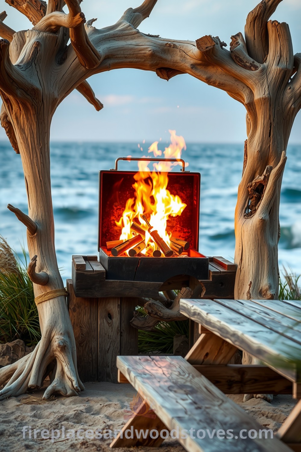 Outdoor barbecue framed by sun-bleached driftwood, surrounded by swaying grasses and gentle waves, with a crackling fire and a weathered picnic table, ideal for a cozy gathering with friends, featured on fireplacesandwoodstoves.com.