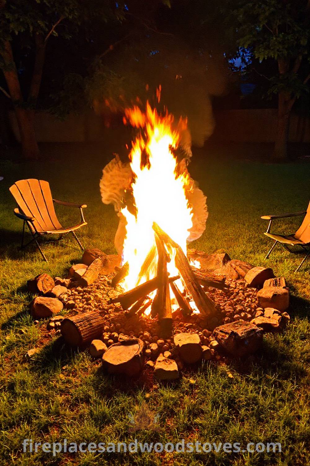 Rustic charcoal camping fire pit in a grassy backyard surrounded by logs and stones, creating a cozy atmosphere for friends to enjoy an evening of storytelling and roasting marshmallows under the stars. Visit patioandhomefurniture.com for ideas that will wow your guests.