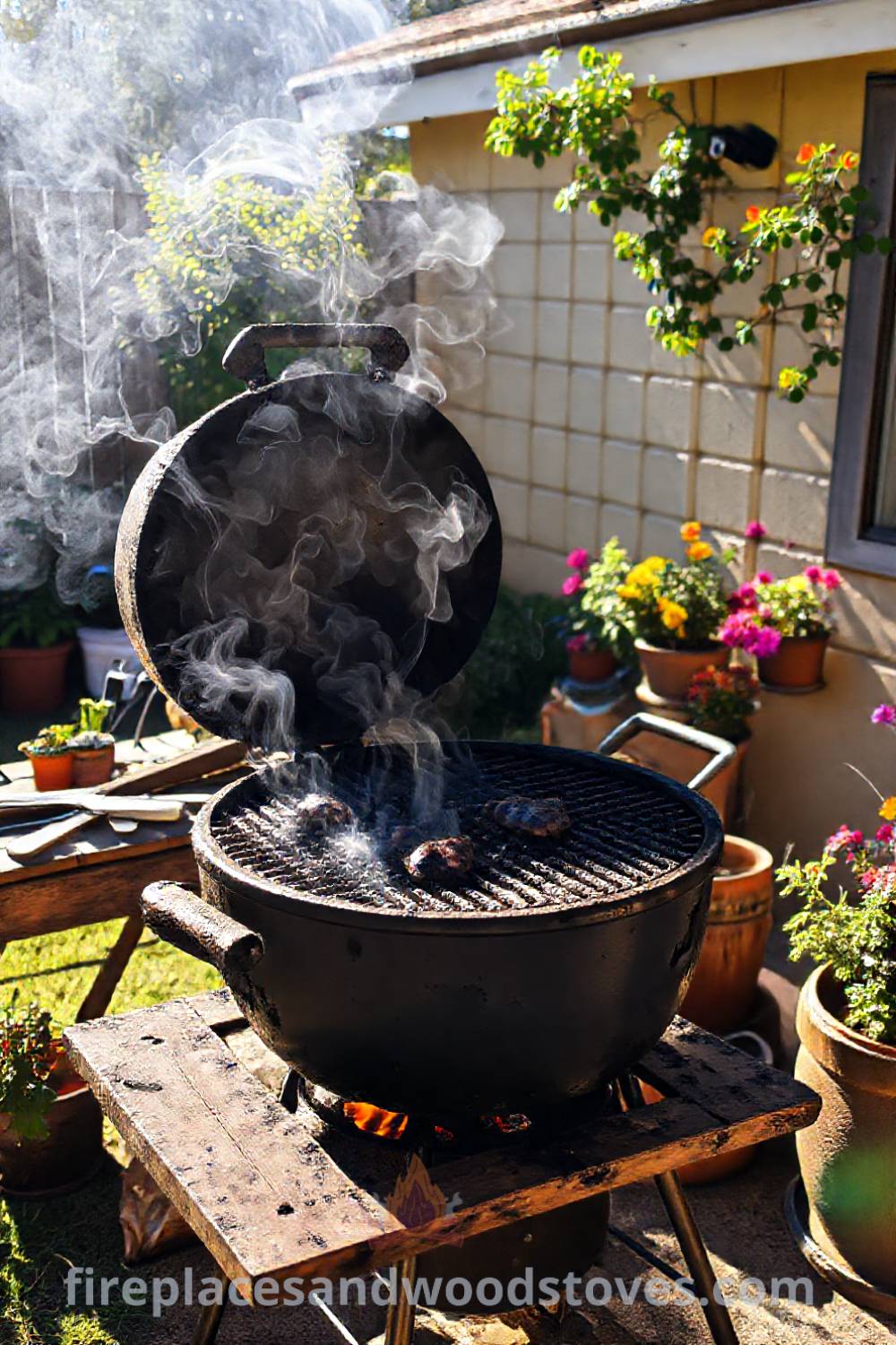 Classic charcoal grill in a sun-drenched backyard surrounded by colorful potted plants and a rustic wooden table with grilling tools, creating a cozy atmosphere for gatherings. Discover incredible outdoor ideas that will wow your guests at patioandhomefurniture.com.