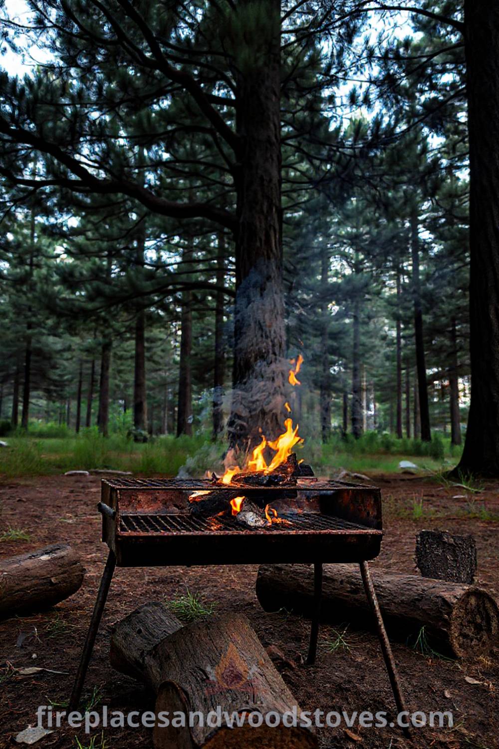 Camping barbecue nestled under tall pine trees with a slightly rusted metal frame, crackling flames, and logs for seating, creating a cozy outdoor atmosphere perfect for cookouts. Visit patioandhomefurniture.com for incredible ideas to transform your backyard.