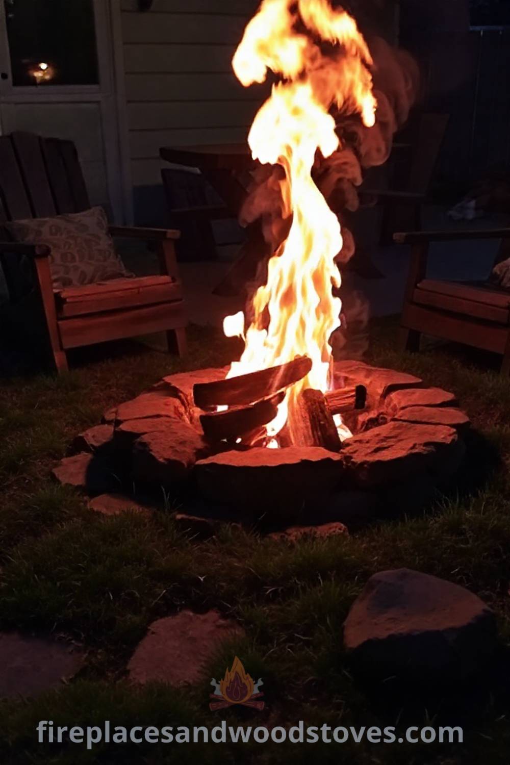 Stone fire pit in a cozy backyard, surrounded by friends and rustic wooden furniture, creating a stylish and inviting atmosphere perfect for gatherings under the stars. Visit patioandhomefurniture.com for ideas that will wow your guests.