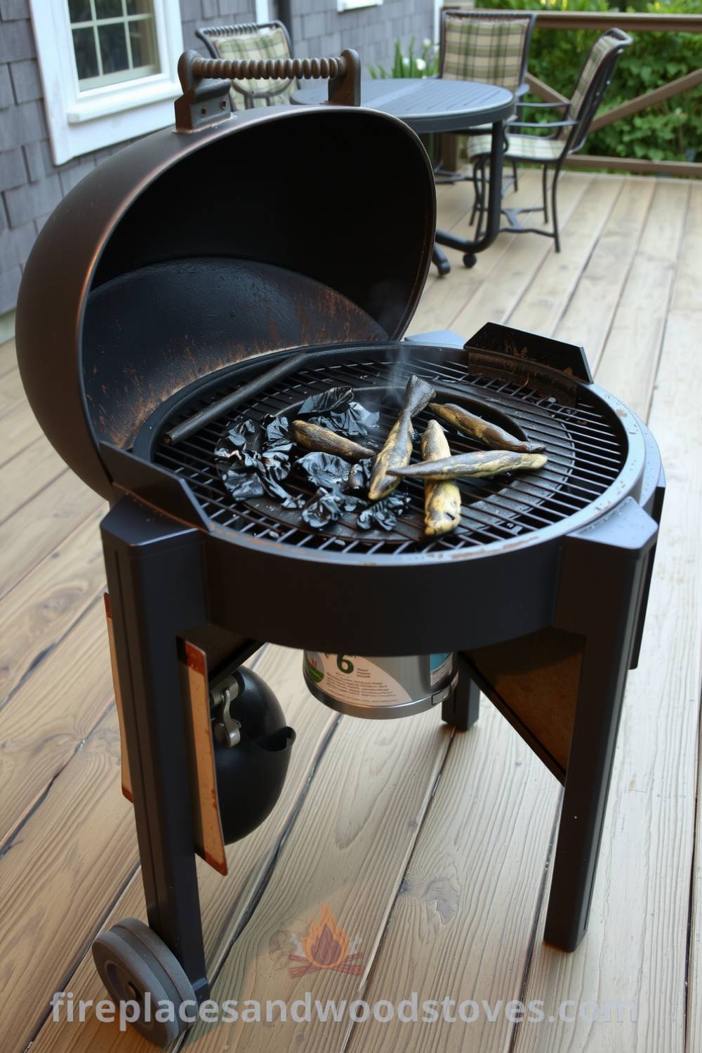 A barbecue on a weathered wooden deck surrounded by mismatched patio furniture, with a slightly rusted metal frame, hinting at cozy gatherings and summer cookouts, featuring charred remnants in the grill and a soft smoke aroma inviting friends to enjoy together, offering unique ideas for your home and decor inspirations, found at fireplacesandwoodstoves.com.