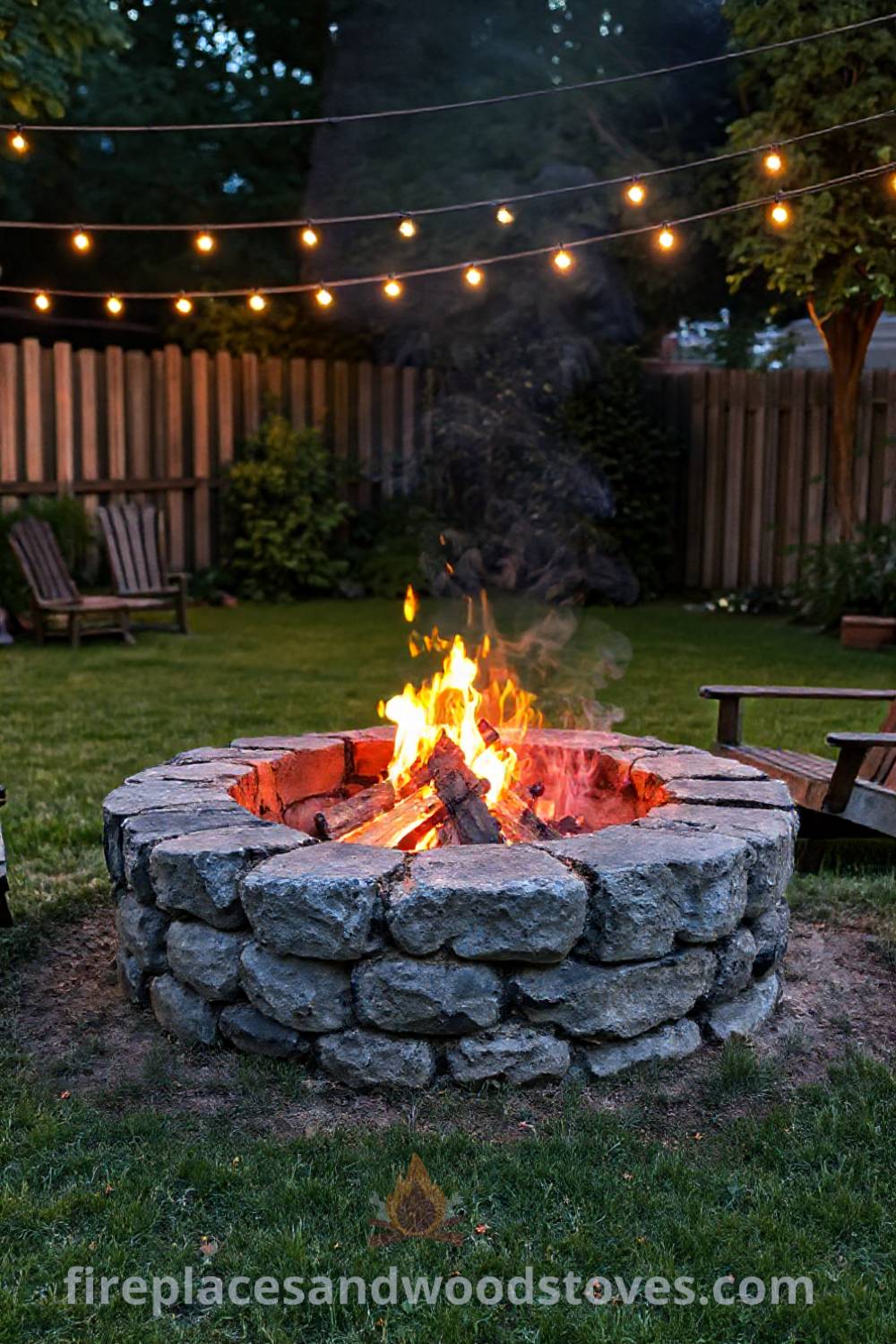 Stone fire pit in a well-tended backyard surrounded by mismatched chairs and fairy lights, creating a cozy gathering space perfect for outdoor gatherings, featuring ideas that will wow your guests. Visit patioandhomefurniture.com for stylish outdoor design inspiration.