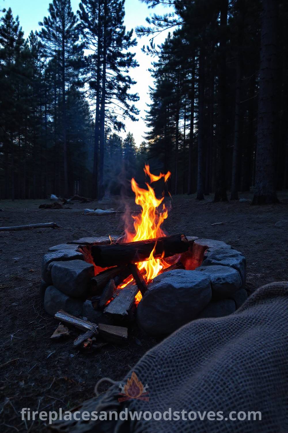 Rustic stone camping fire pit surrounded by towering pines, with warm flames illuminating the forest, creating a cozy gathering place for friends. Visit patioandhomefurniture.com for stylish outdoor ideas that transform your backyard into a dream retreat.