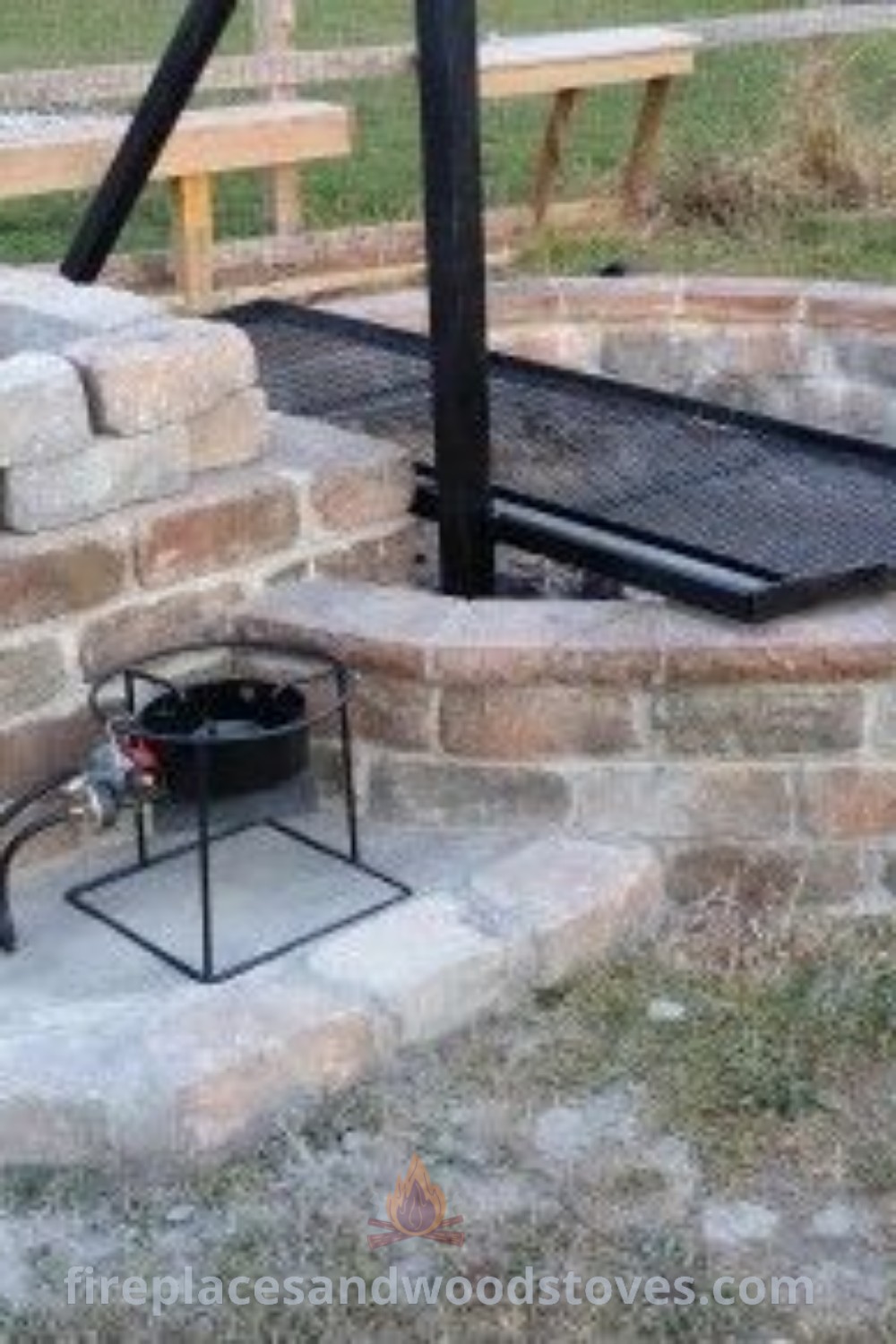 An outdoor fire pit in the middle of a field, surrounded by cozy seating and decor, ideal for backyard gatherings and bonfire nights. Discover stylish designs and incredible outdoor kitchen ideas at patioandhomefurniture.com.