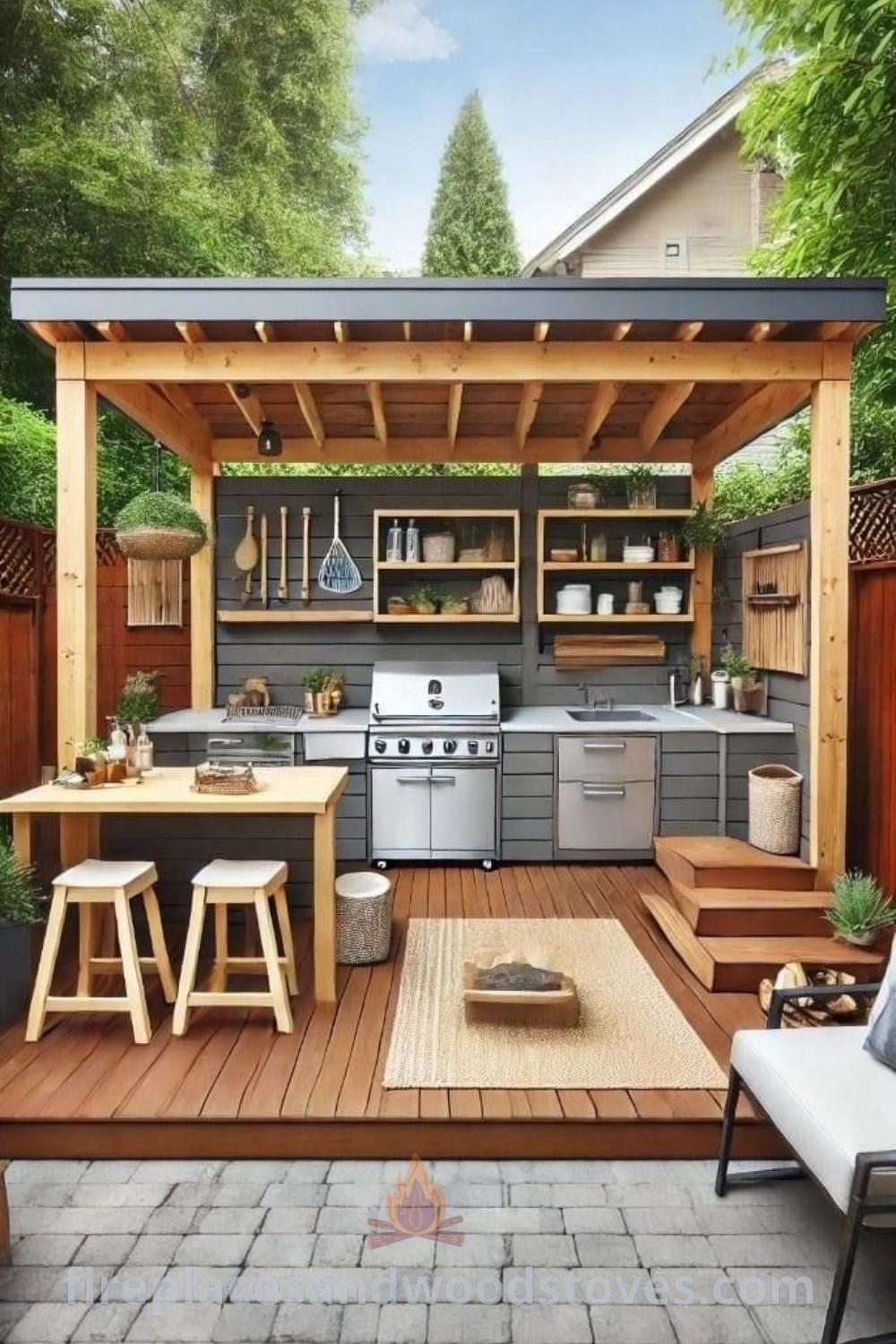 An outdoor kitchen and dining area featuring wooden steps leading to a pergola-covered deck, showcasing stylish outdoor cooking area ideas on a budget. Explore more creative and functional backyard designs at patioandhomefurniture.com.