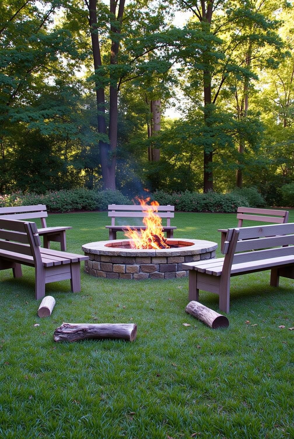 Weathered stone fire pit surrounded by worn wooden benches in a grassy backyard, with flickering flames and a few scattered charred logs, offering cozy ideas for outdoor gatherings at fireplacesandwoodstoves.com.