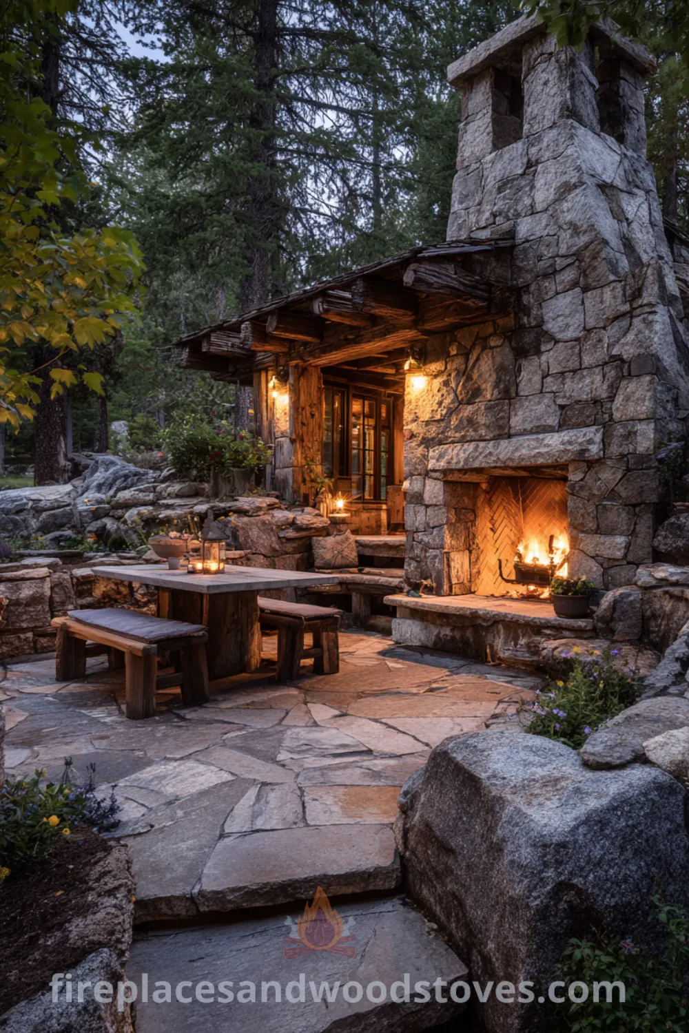 Rustic outdoor fireplace with rough-hewn stone, reclaimed wood mantel, and flagstone patio in a forest setting.