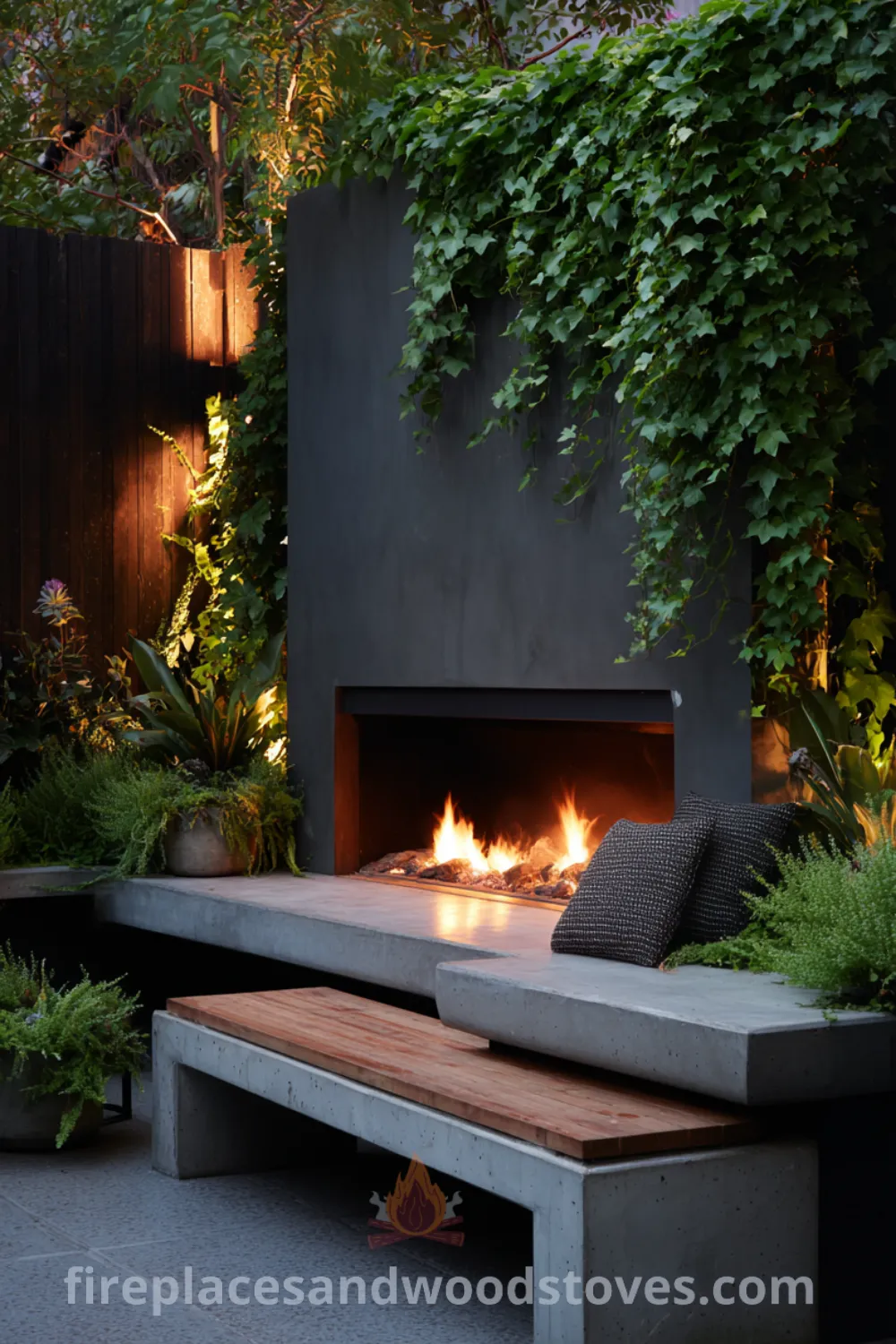 Modern minimalist outdoor fireplace, integrated seating, lush greenery, and cozy outdoor living space inviting relaxation.