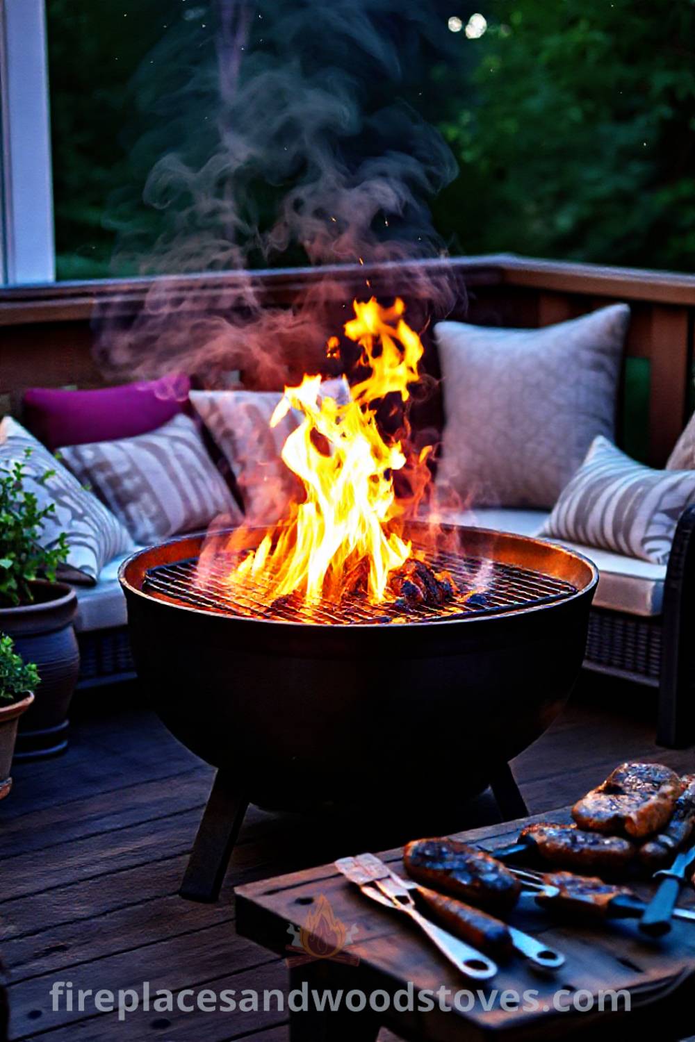 Outdoor fire pit on a wooden deck surrounded by potted plants and cushions, ready for a barbecue atmosphere with grilling tools and marinated meats, creating a cozy and stylish setup for memorable evenings. Visit patioandhomefurniture.com for stylish outdoor design ideas.