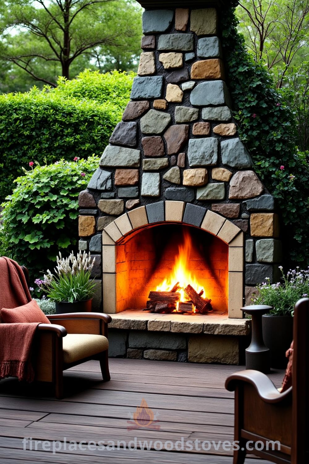 Cozy stone fireplace on a secluded patio surrounded by vibrant greenery and wildflowers, inviting friends for a warm gathering, perfect for outdoor living inspiration, found at fireplacesandwoodstoves.com.
