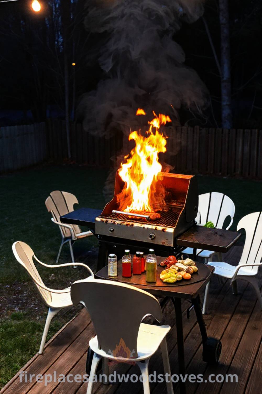 Outdoor BBQ grill on a wooden deck with flames, surrounded by mismatched chairs and a table of condiments and vegetables, creating a cozy gathering atmosphere perfect for entertaining. Visit patioandhomefurniture.com for stylish ideas that will wow your guests.