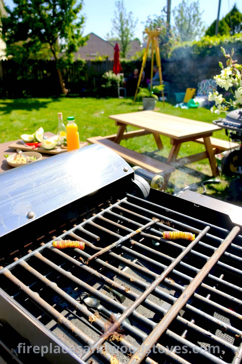 Backyard barbecue scene with a stainless-steel grill displaying signs of past cookouts, colorful condiments on a wooden picnic table, and blooming flowers, creating a vibrant outdoor dining experience at home. For more inspiring cozy home ideas, visit fireplacesandwoodstoves.com.