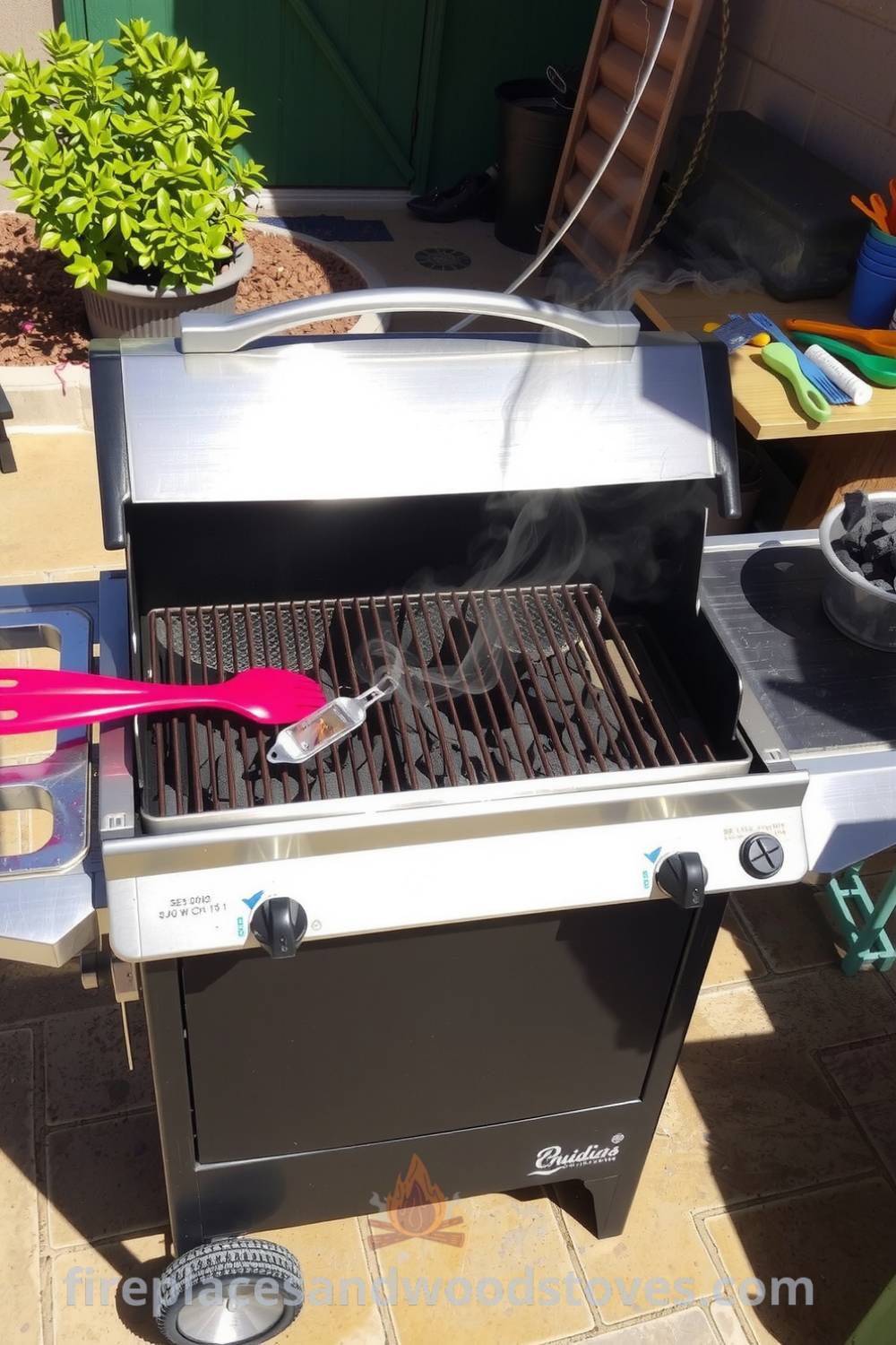 Barbecue on a sun-drenched patio with stainless steel grill, slightly tarnished grates, colorful utensils on a wooden table, and smoke curling from charcoal, creating a cozy and inviting atmosphere perfect for gatherings. For more cozy ideas, visit fireplacesandwoodstoves.com.