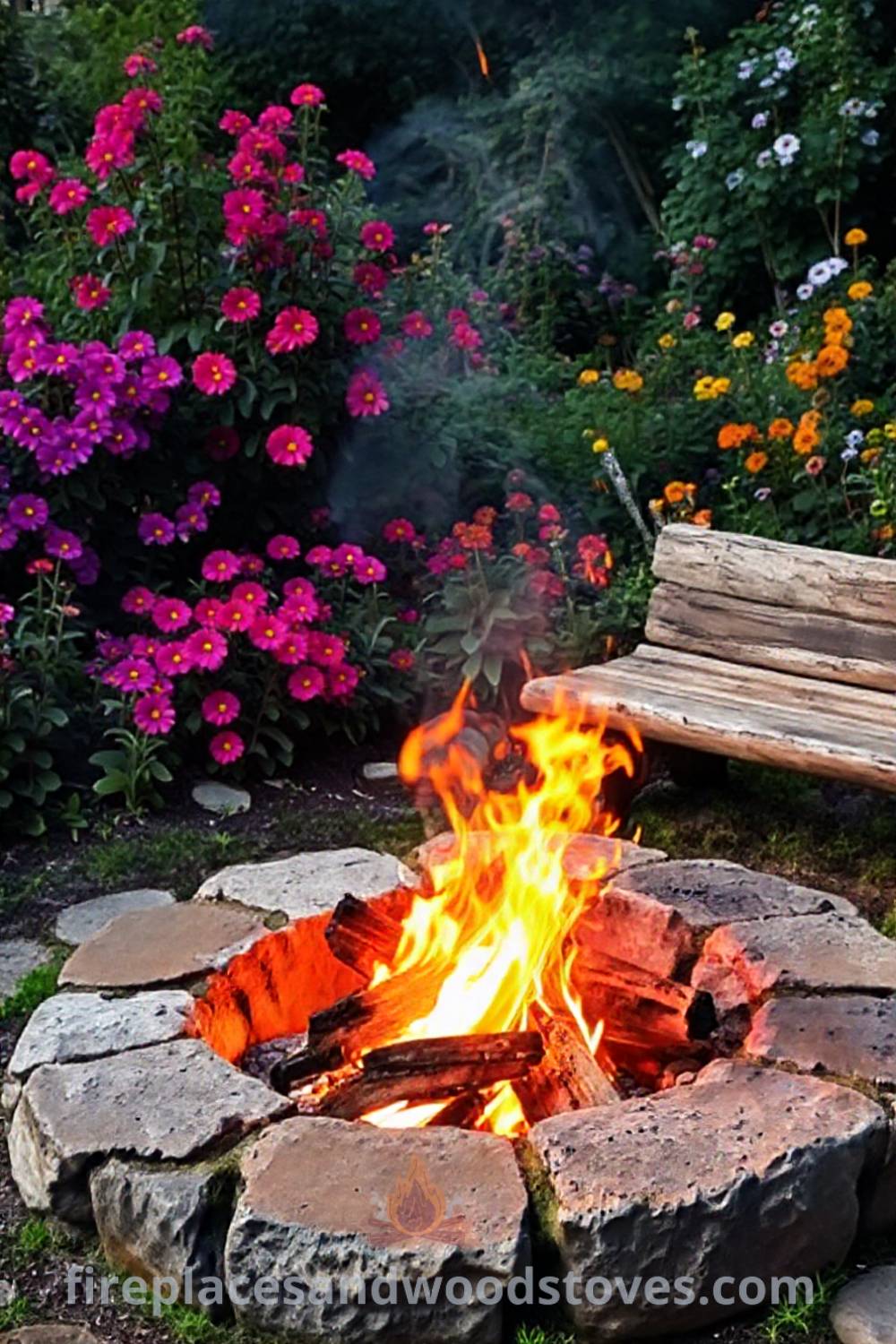Charming stone fire pit surrounded by vibrant flowers in a lush garden, creating a cozy outer ambiance with rustic log benches and dancing flames. Visit patioandhomefurniture.com for incredible outdoor design inspiration.