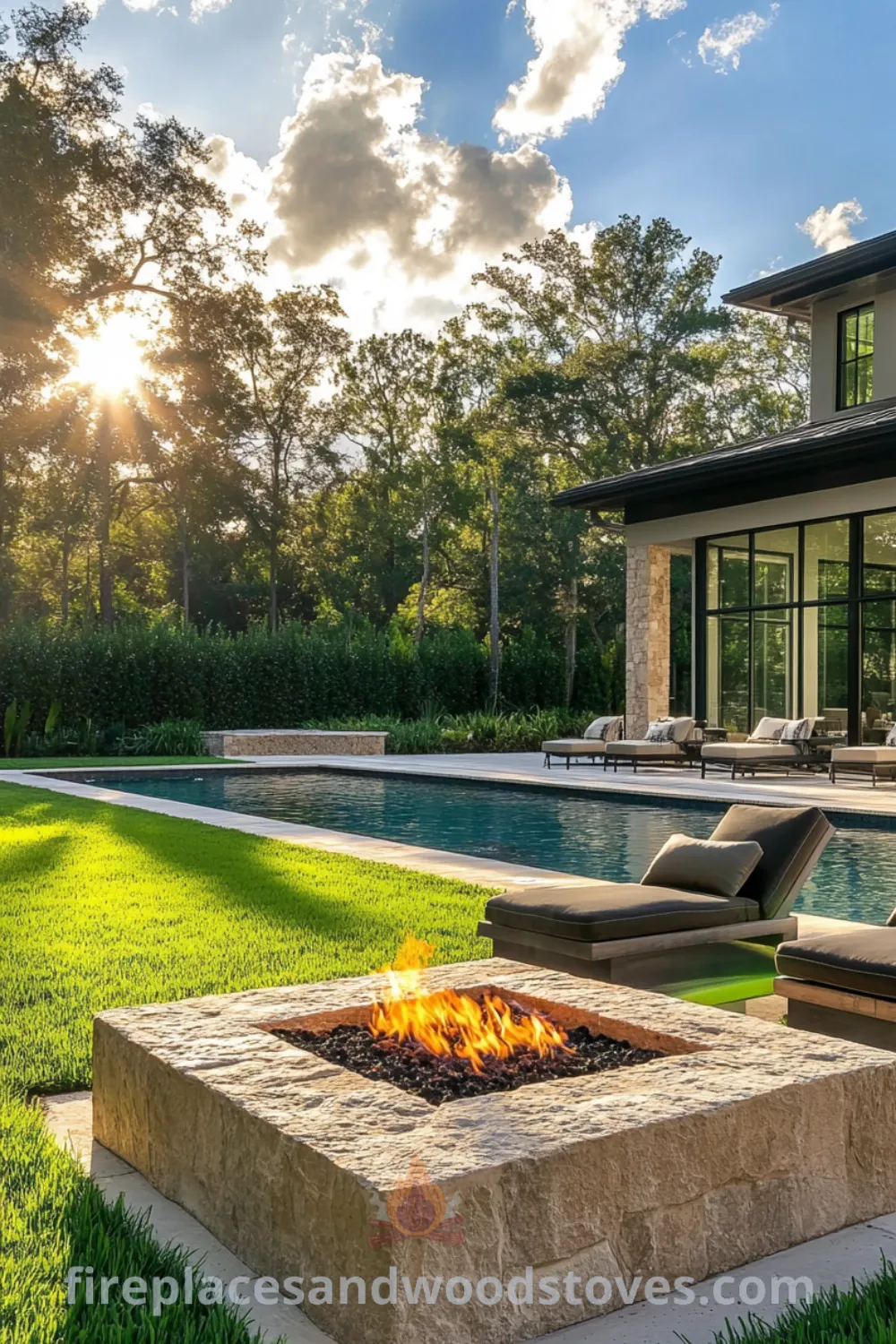 Charming backyard pool area featuring sleek pool design, cozy fire pit, and creative landscaping on fireplacesandwoodstoves.com, highlighting cozy home decor ideas and outdoor entertainment inspirations.