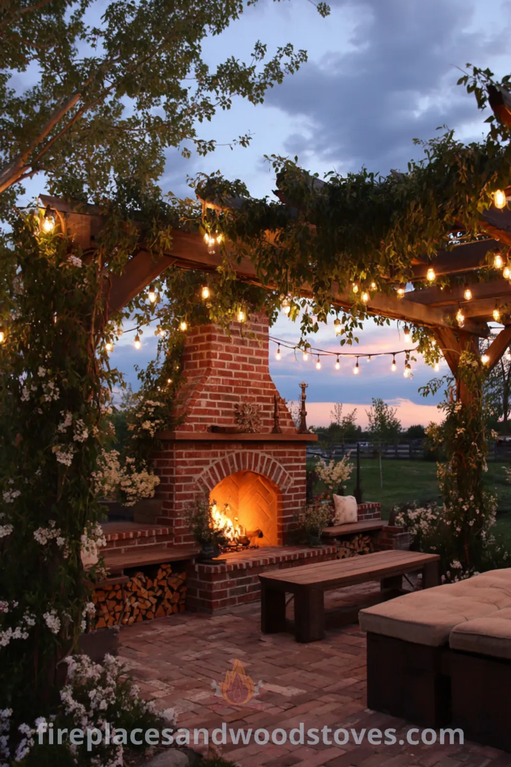 Farmhouse outdoor fireplace with warm glow, string lights, built-in wood storage, and integrated seating create a cozy gathering spot.