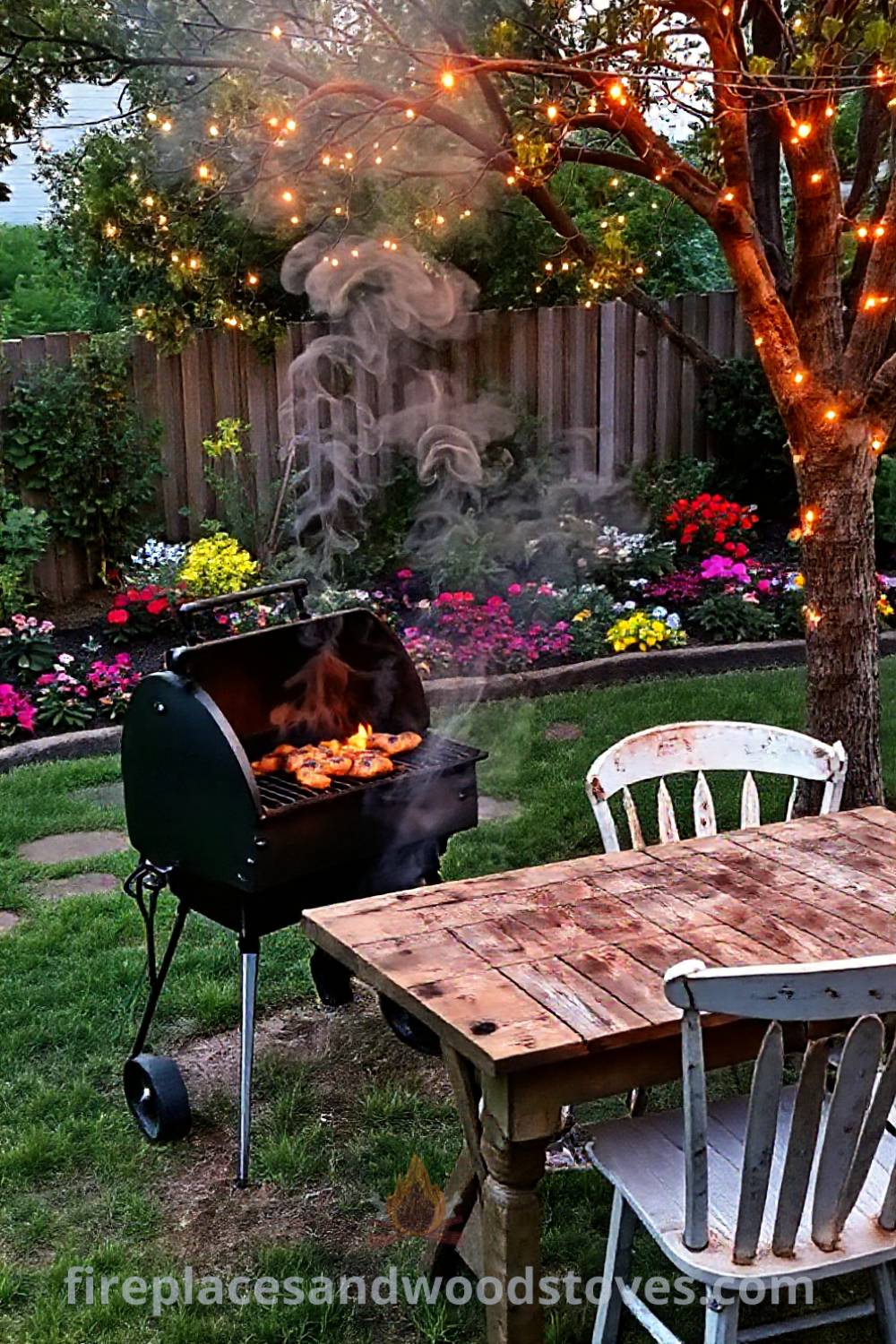 Charcoal grill in a vibrant backyard surrounded by lush grass and blooming flowers, with marinated chicken grilling and a rustic wooden table adorned with mismatched chairs and twinkling fairy lights, creating a cozy outdoor dining atmosphere. Visit patioandhomefurniture.com for stylish backyard ideas you
