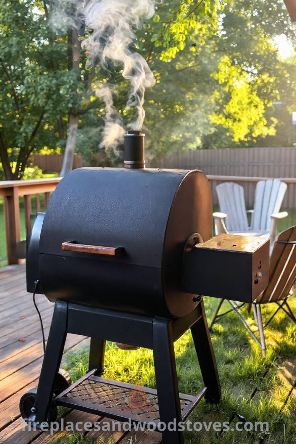 Sturdy barbecue smoker on a wooden deck, surrounded by casual chairs and fresh grass, creating a cozy outdoor gathering space. Visit patioandhomefurniture.com for stylish ideas that will wow your guests.