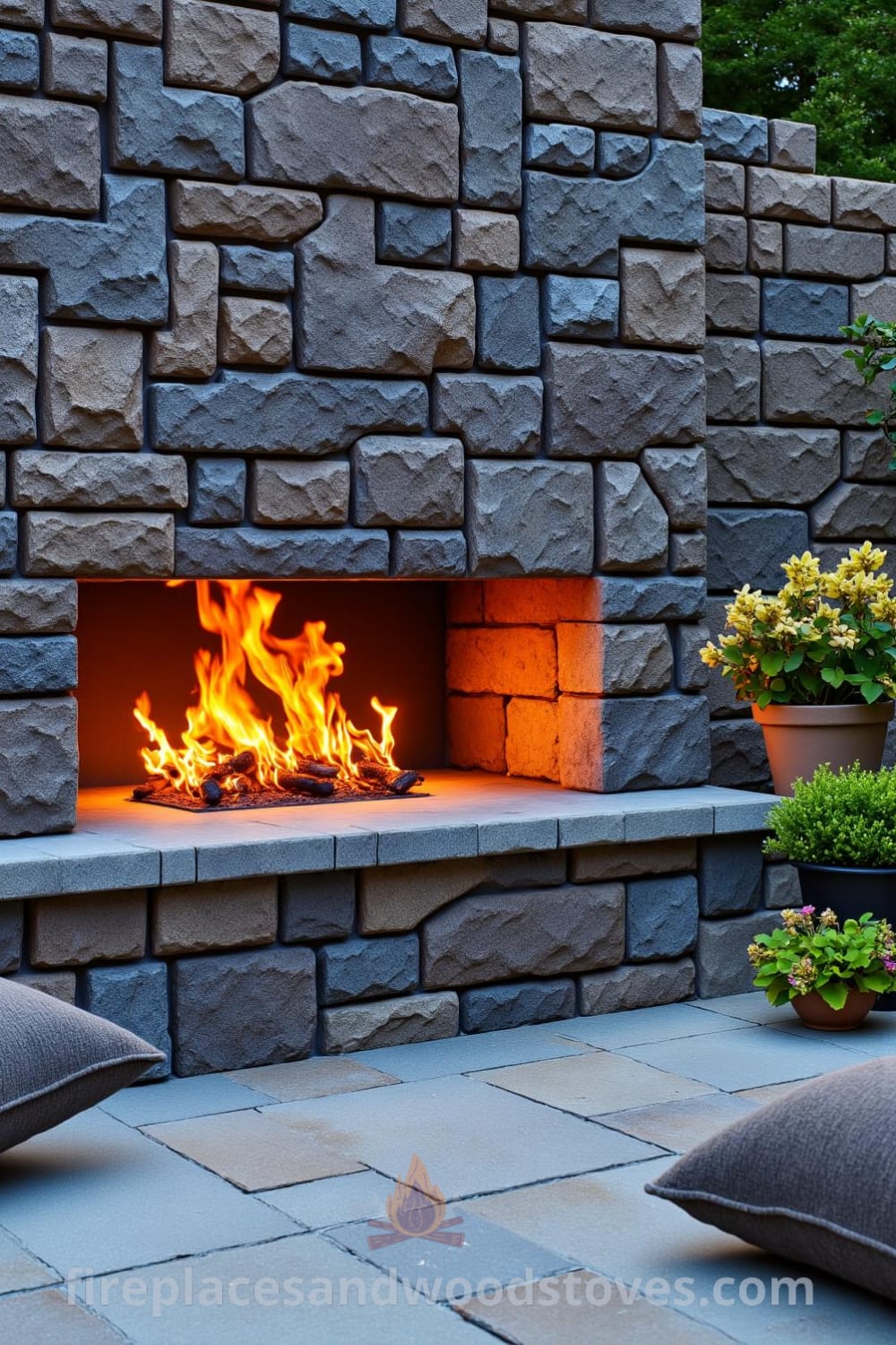 A cozy sunken patio featuring a warm, recessed stone fireplace with flickering flames, surrounded by plush seating and potted plants, creating a welcoming space for gatherings. Visit fireplacesandwoodstoves.com for decor ideas and inspirations.