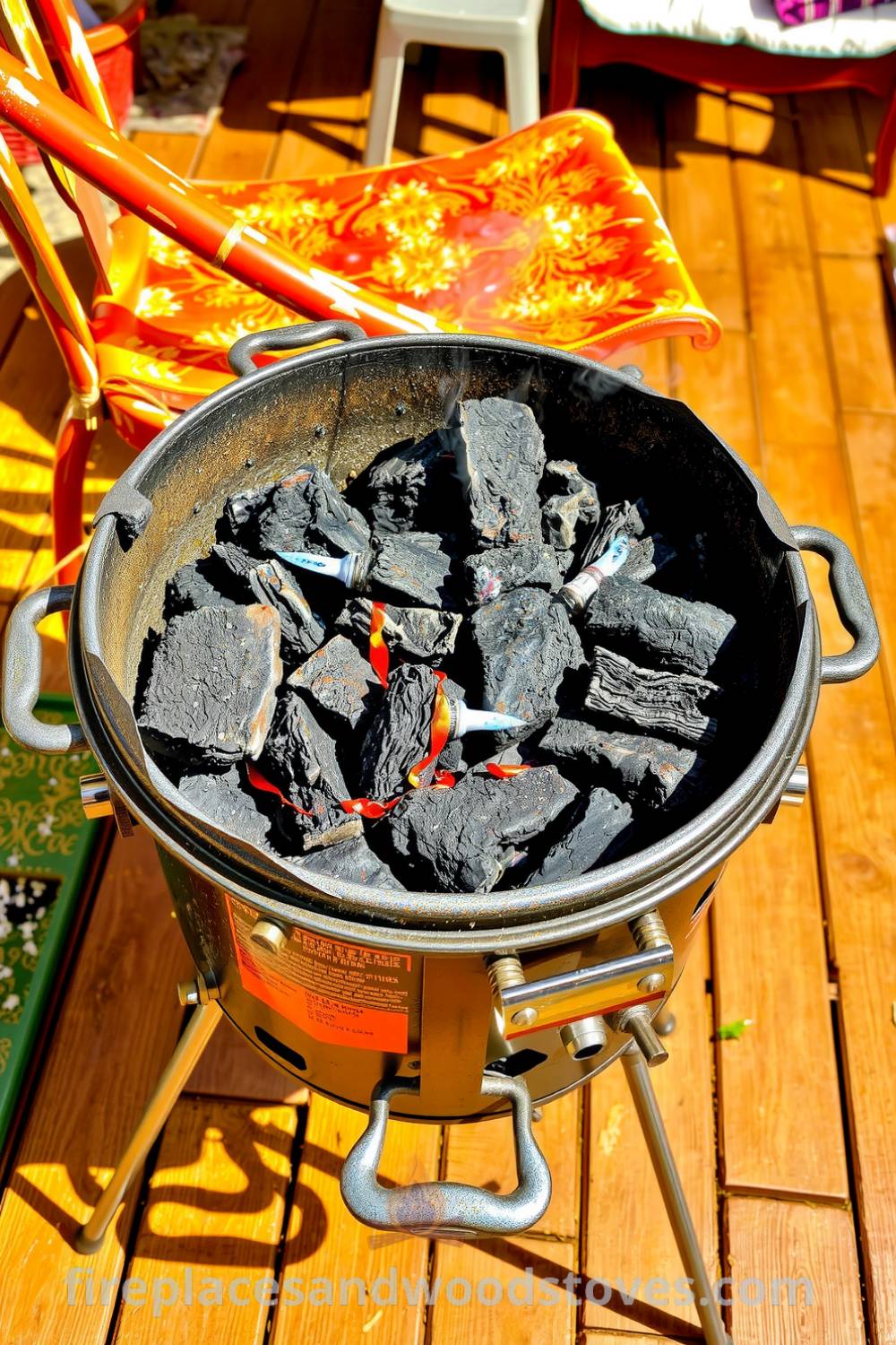 Sturdy barbecue grill on a wooden deck with glowing charcoal, surrounded by mismatched chairs, creating a cozy backyard atmosphere ideal for summer cookouts, inspired decorations, and enjoyable gatherings, featured on fireplacesandwoodstoves.com.