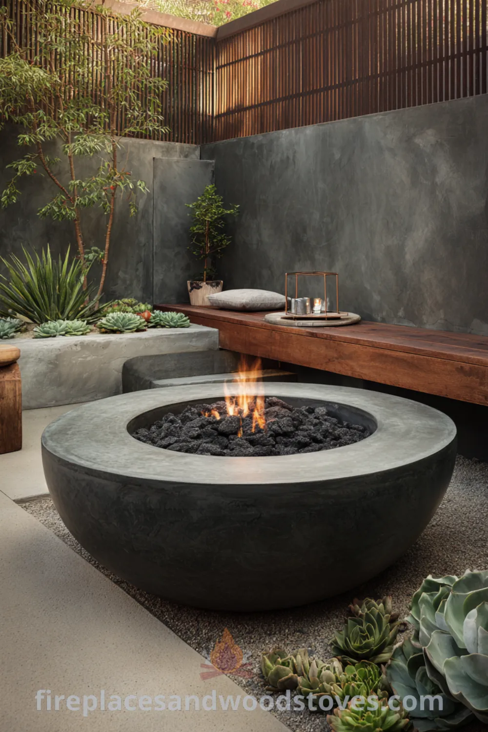 Round dark grey concrete fire pit surrounded by simple succulent landscaping, offering modern minimalist fire pit and sleek fire pit design features.