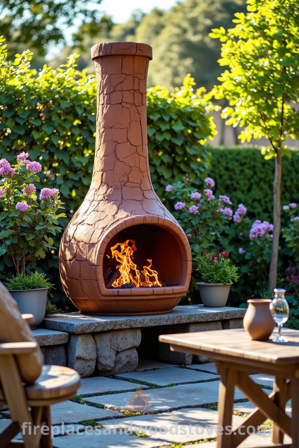 Chimineas-style outdoor fireplace creating a cozy atmosphere in a sunlit garden, surrounded by a weathered wooden table and mismatched chairs, with flickering flames illuminating the space, featuring rustic decor ideas and inspirations for your home. Visit fireplacesandwoodstoves.com for more unique ideas.