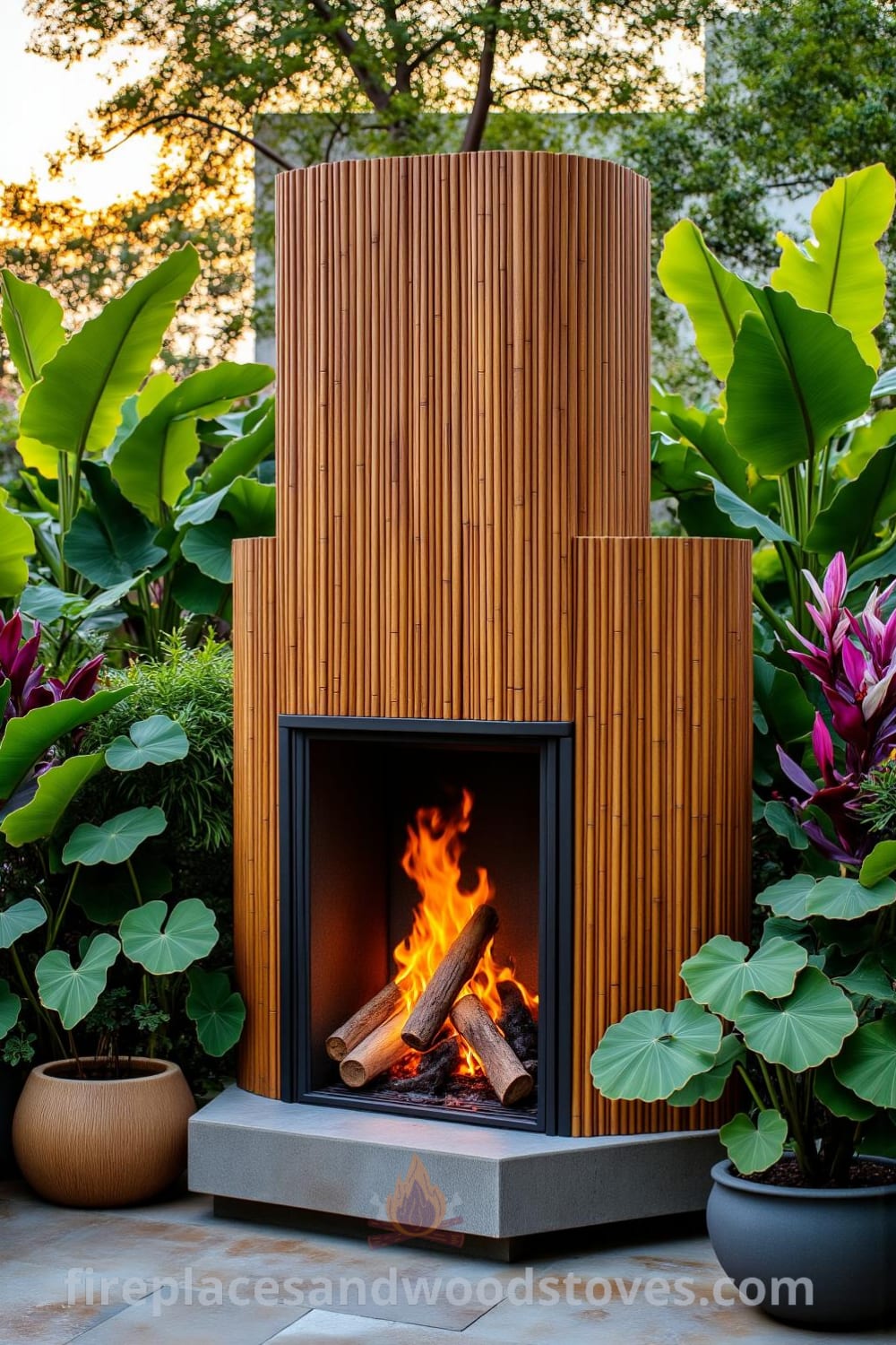 Tropical bamboo barbecue fireplace in a lush garden setting, surrounded by vibrant plants and a warm golden glow from the setting sun, showcasing unique ideas for cozy outdoor gatherings, perfect for inspiration in your home. Visit fireplacesandwoodstoves.com for more decor ideas.