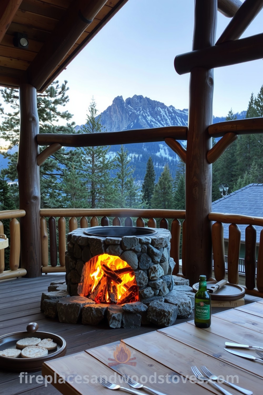 Stone hearth barbecue on a spacious wooden deck framed by towering pines and craggy mountains, creating a cozy and inviting atmosphere designed for outdoor cooking and gatherings, perfect for inspiring decor ideas at fireplacesandwoodstoves.com.