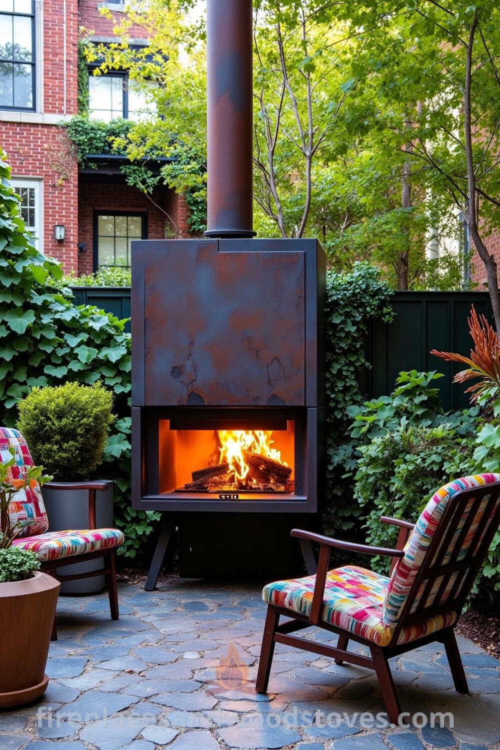 Industrial steel fireplace in a vibrant urban backyard surrounded by greenery and a cobblestone path, featuring flames casting warm light, rustic accents, and mismatched chairs, offering cozy ideas for gatherings. Visit fireplacesandwoodstoves.com for inspiring decor ideas.