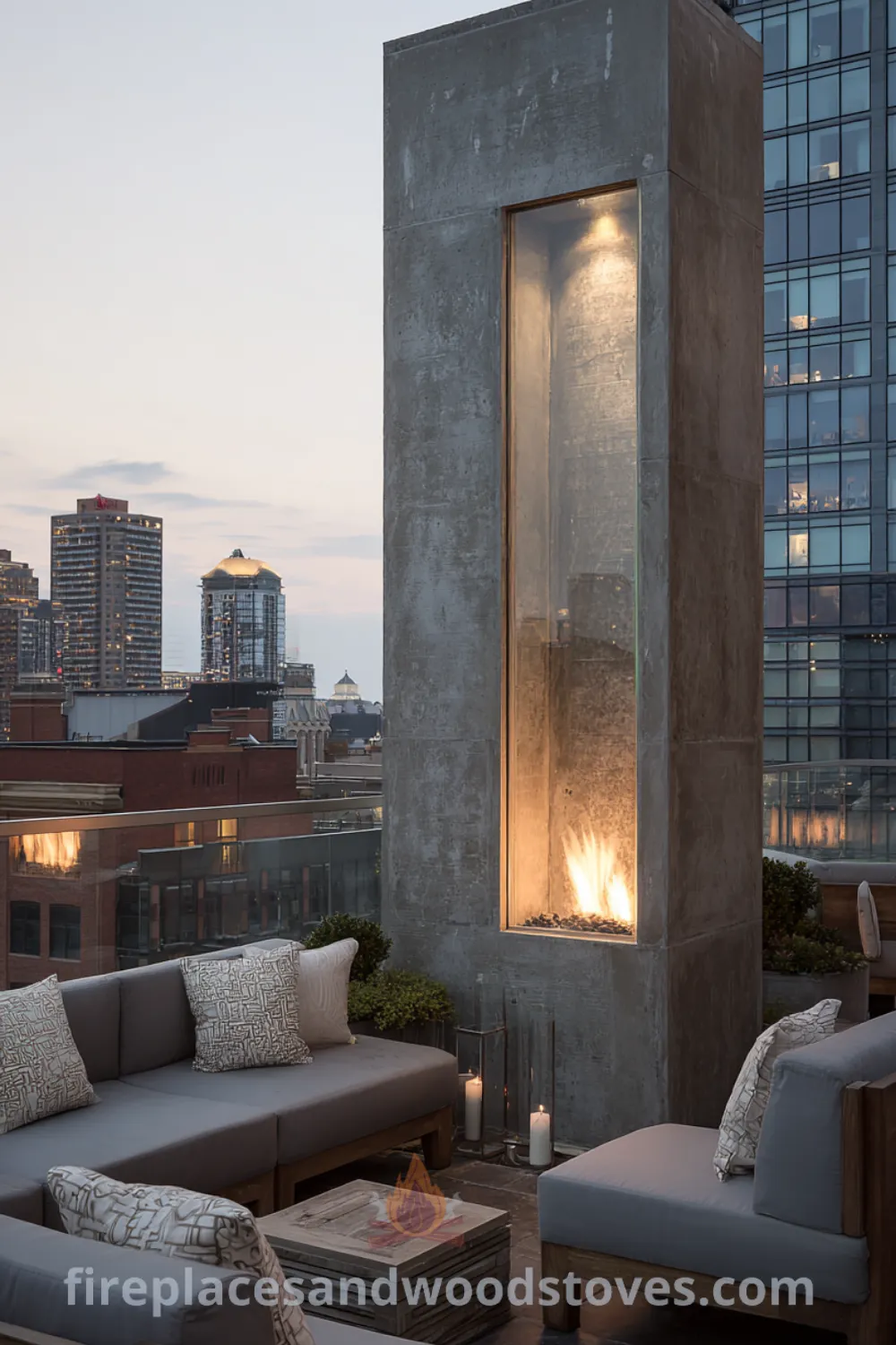 Urban skyline terrace featuring a modern luxury fire pit, polished concrete, high-end outdoor furniture, and inviting ambiance for gatherings.