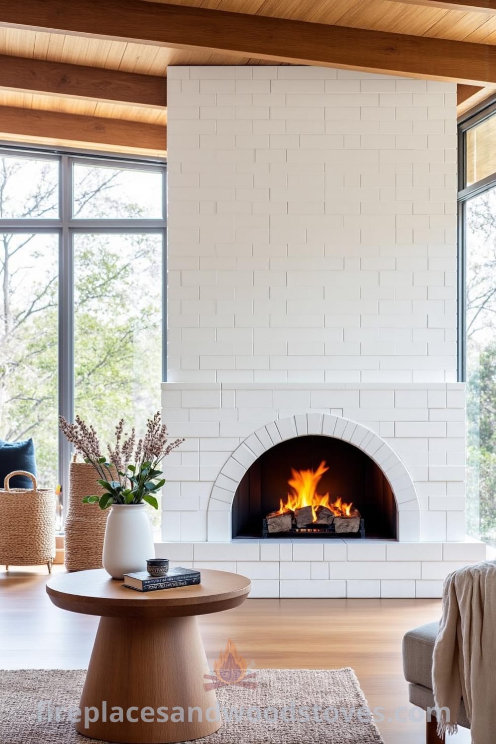 Whitewashed Scandinavian fireplace in a cozy modern Nordic living room with rustic wooden beams, textured furnishings, a woven rug, and sunlight streaming through large windows, creating a warm and inviting atmosphere. Visit fireplacesandwoodstoves.com for unique decor ideas.