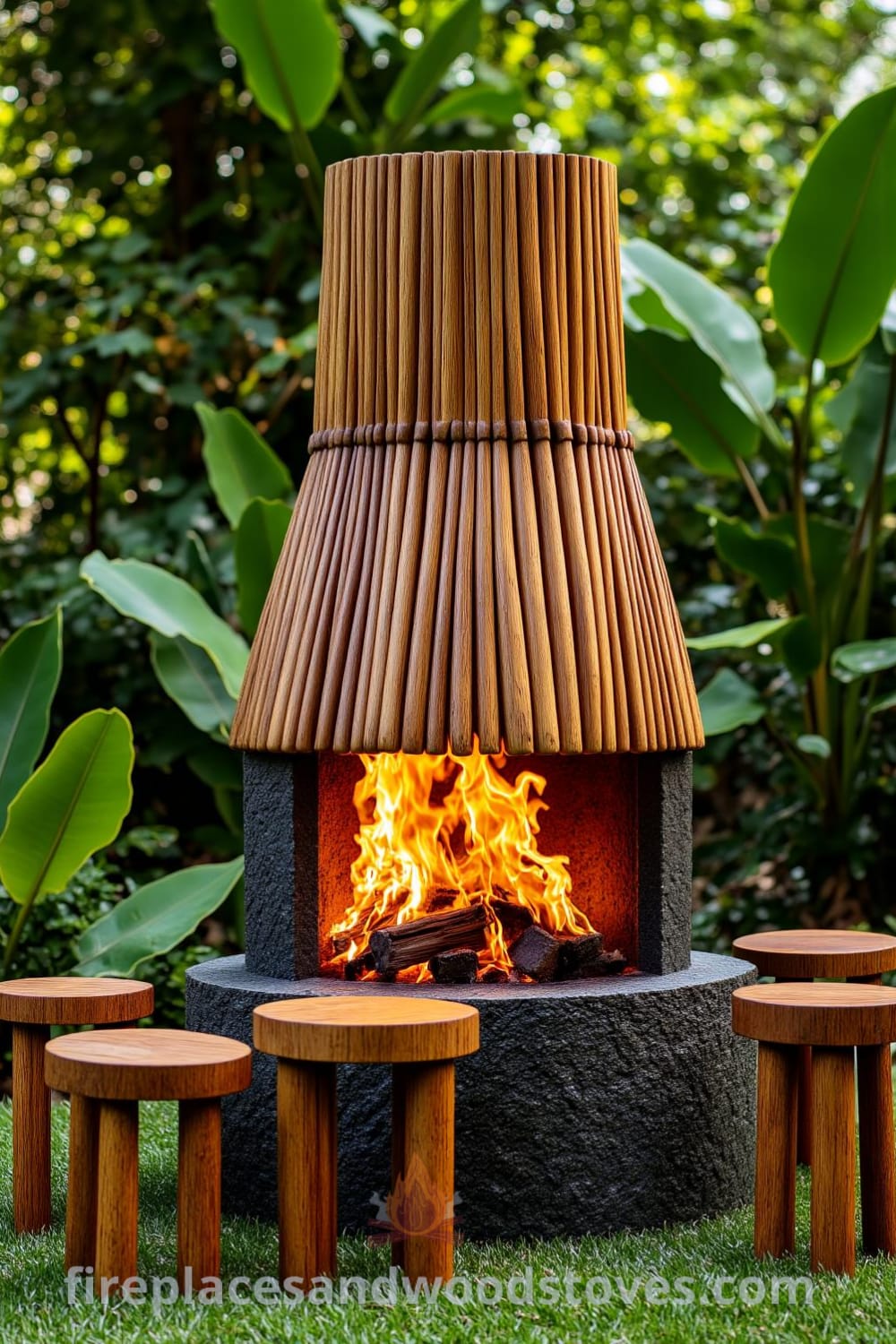 Tropical bamboo barbecue fireplace nestled in a lush garden, surrounded by greenery, with warm crackling fire on a stone base, inviting rustic wooden stools for gathering, creating a cozy atmosphere for outdoor entertaining. Visit fireplacesandwoodstoves.com for unique ideas and decor inspirations.