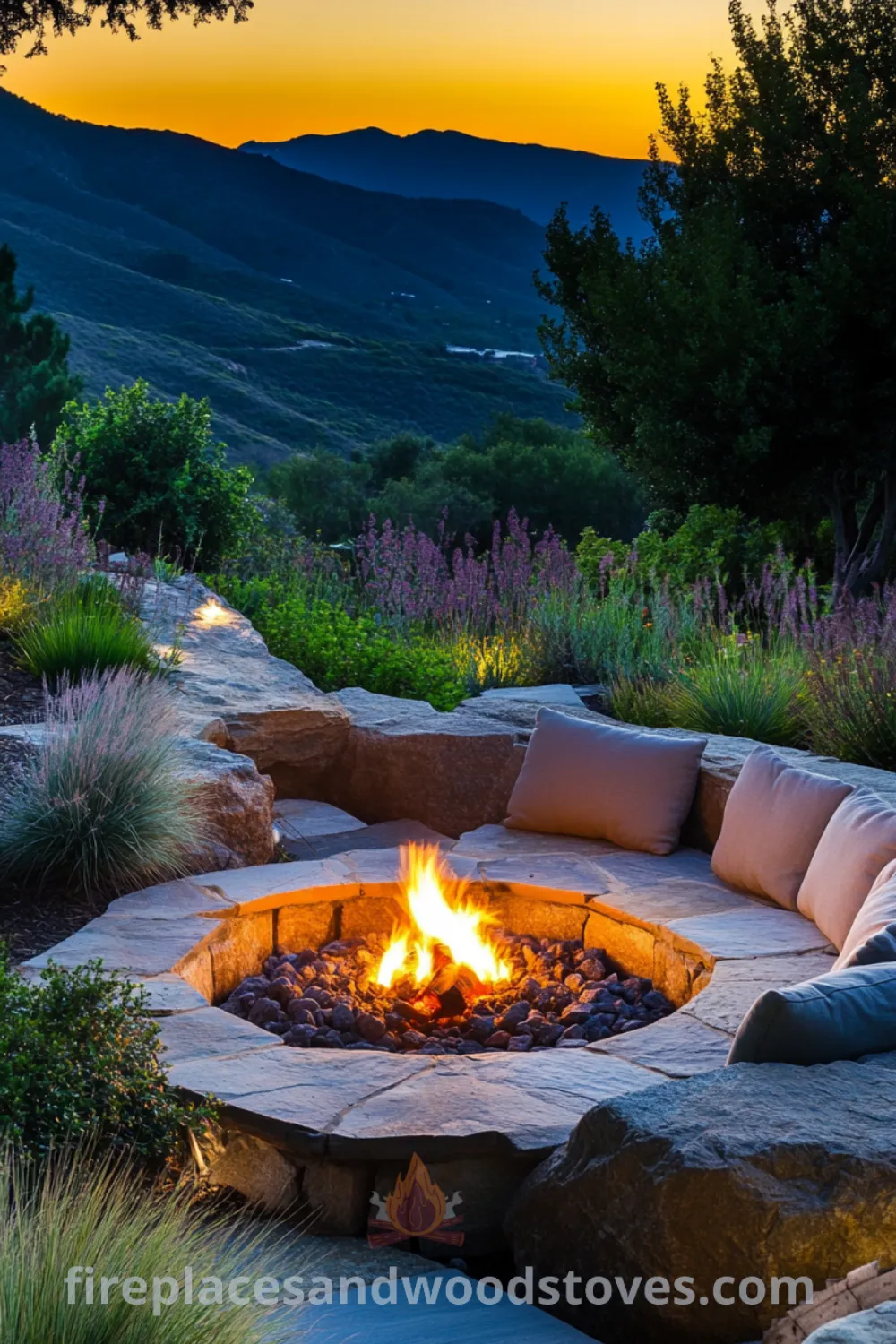 Outdoor fire pit area with sunken seating and cozy decor on fireplacesandwoodstoves.com, featuring ideas for backyard living, fire pit design, and outdoor sitting area inspirations.