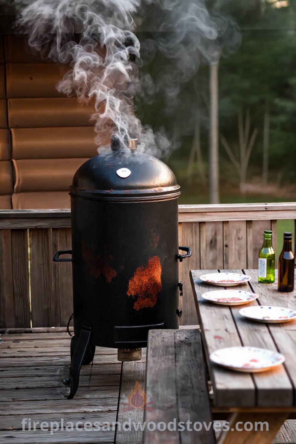 Outdoor barbecue smoker on a weathered deck surrounded by a cozy picnic table and mismatched plates, creating an inviting atmosphere for shared meals. Visit patioandhomefurniture.com for stylish outdoor decor ideas that will wow your guests.